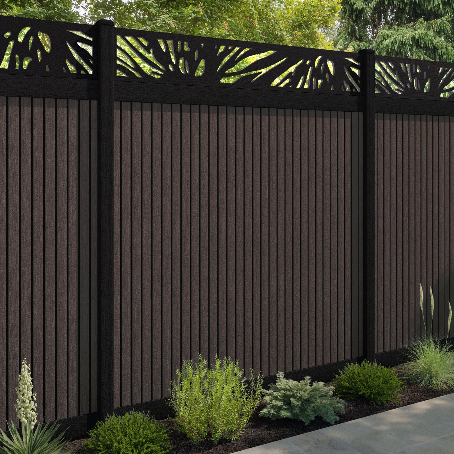 Virtis Poppy Fence Panel - Mid Brown - with our aluminium posts