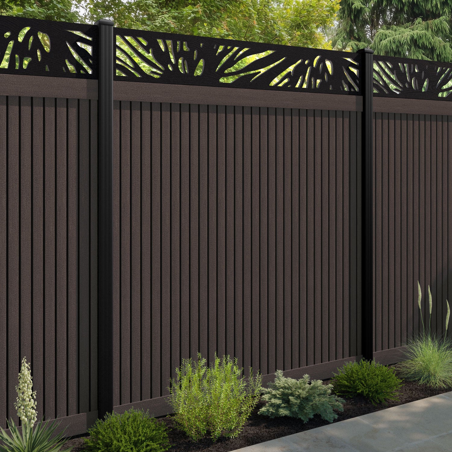 Virtis Poppy Fence Panel - Mid Brown - with our aluminium posts