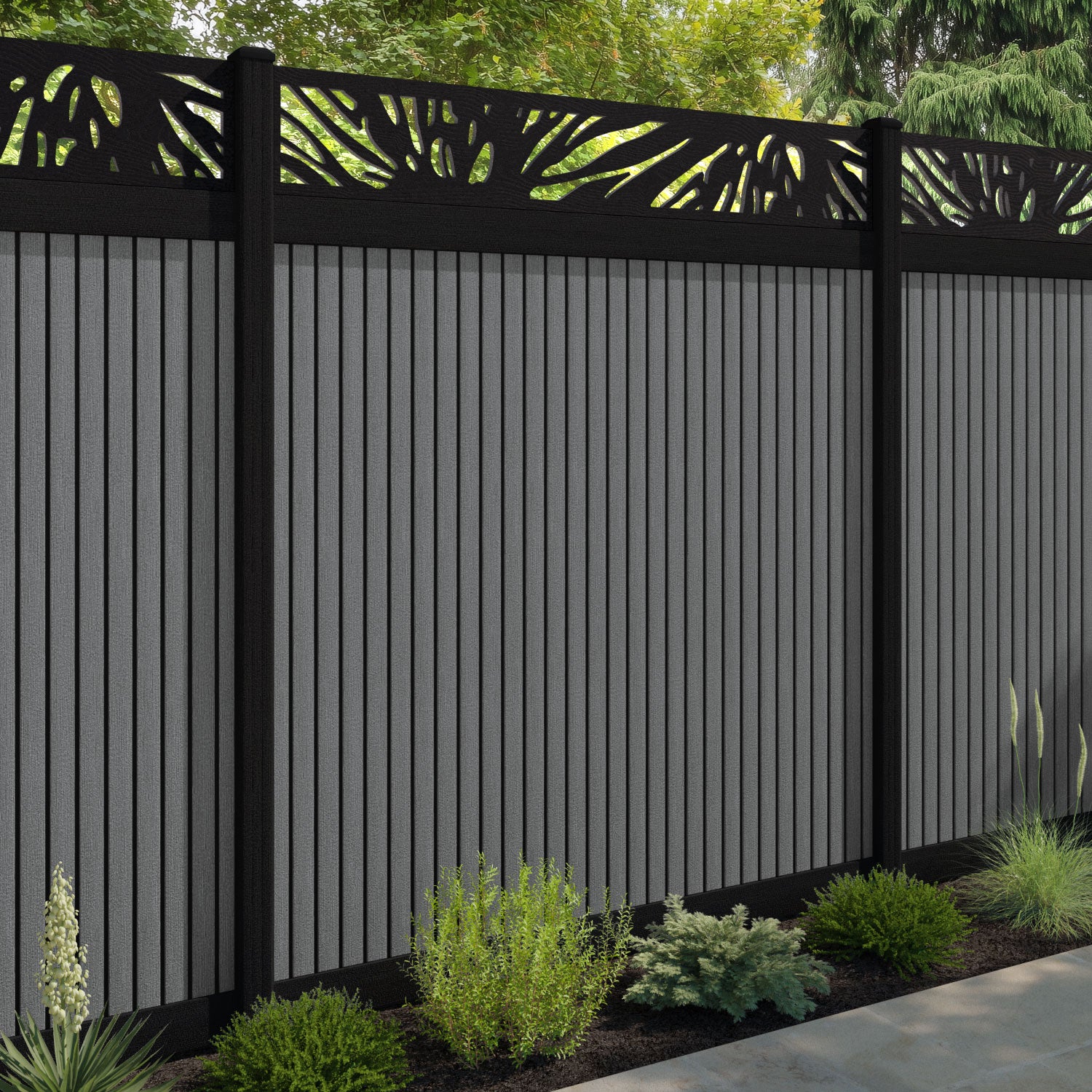 Virtis Poppy Fence Panel - Mid Grey - with our aluminium posts
