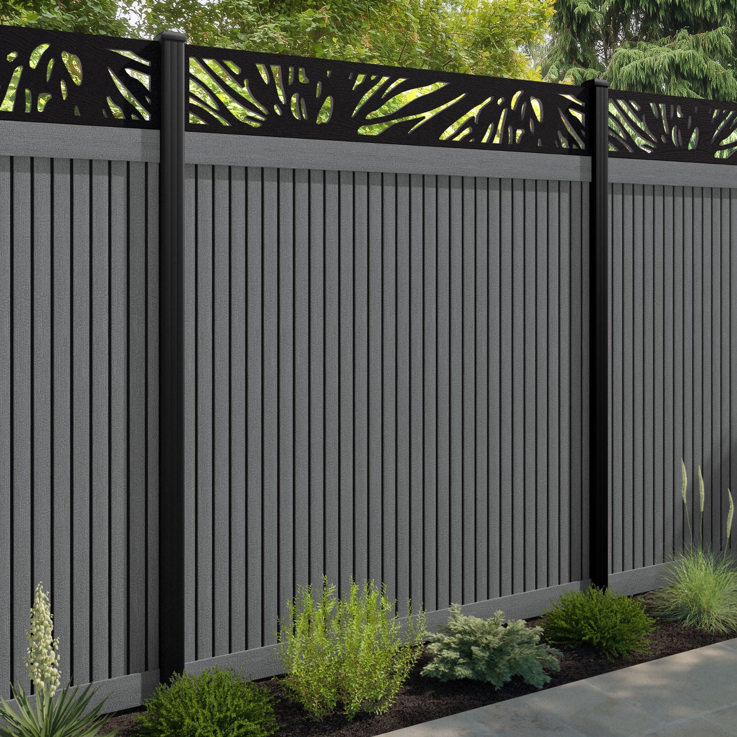 Virtis Poppy Fence Panel - Mid Grey - with our aluminium posts