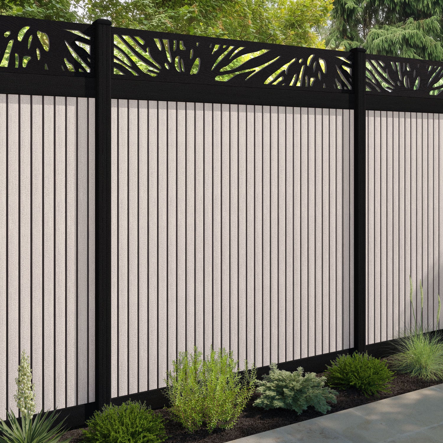 Virtis Poppy Fence Panel - Mid Stone - with our aluminium posts