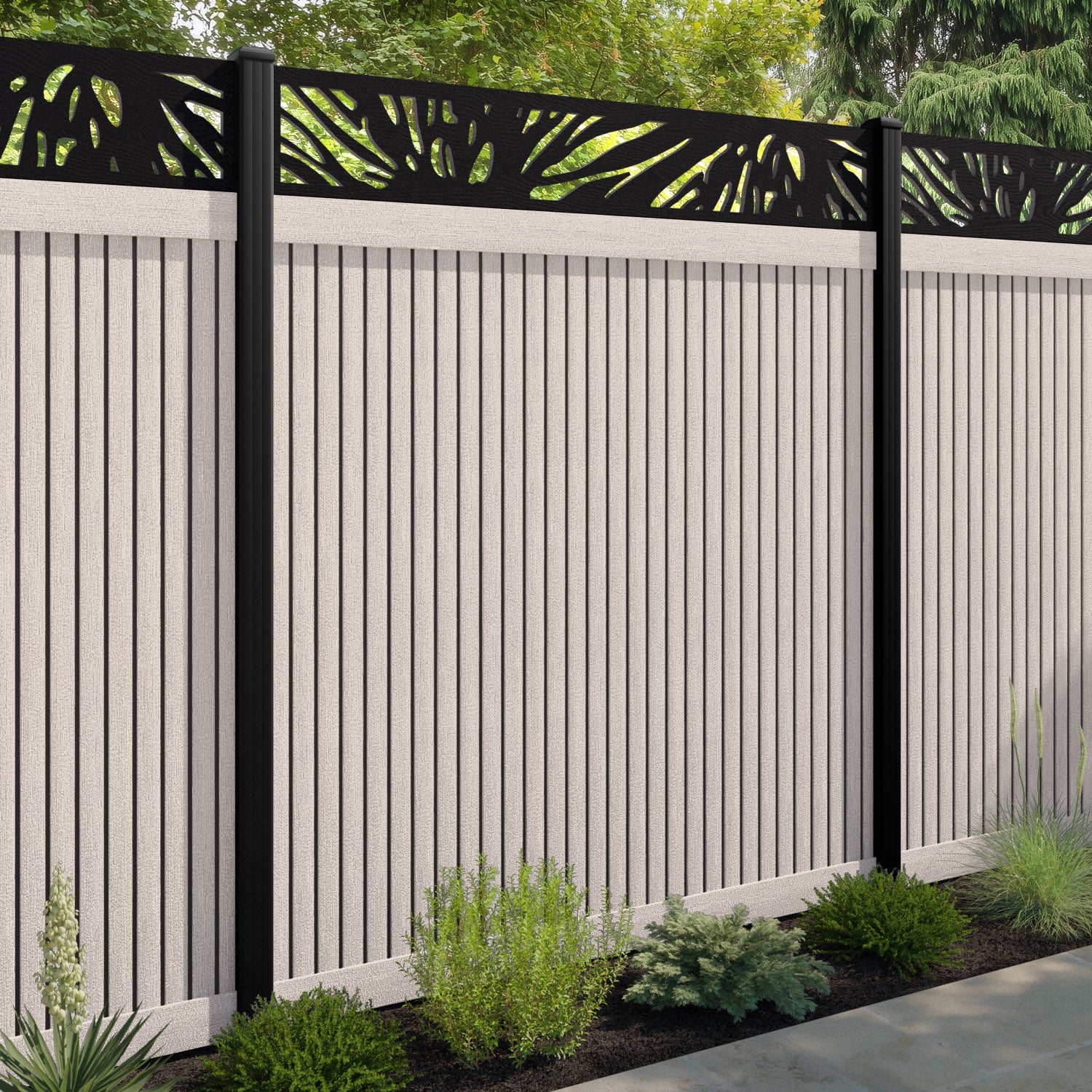 Virtis Poppy Fence Panel - Mid Stone - with our aluminium posts