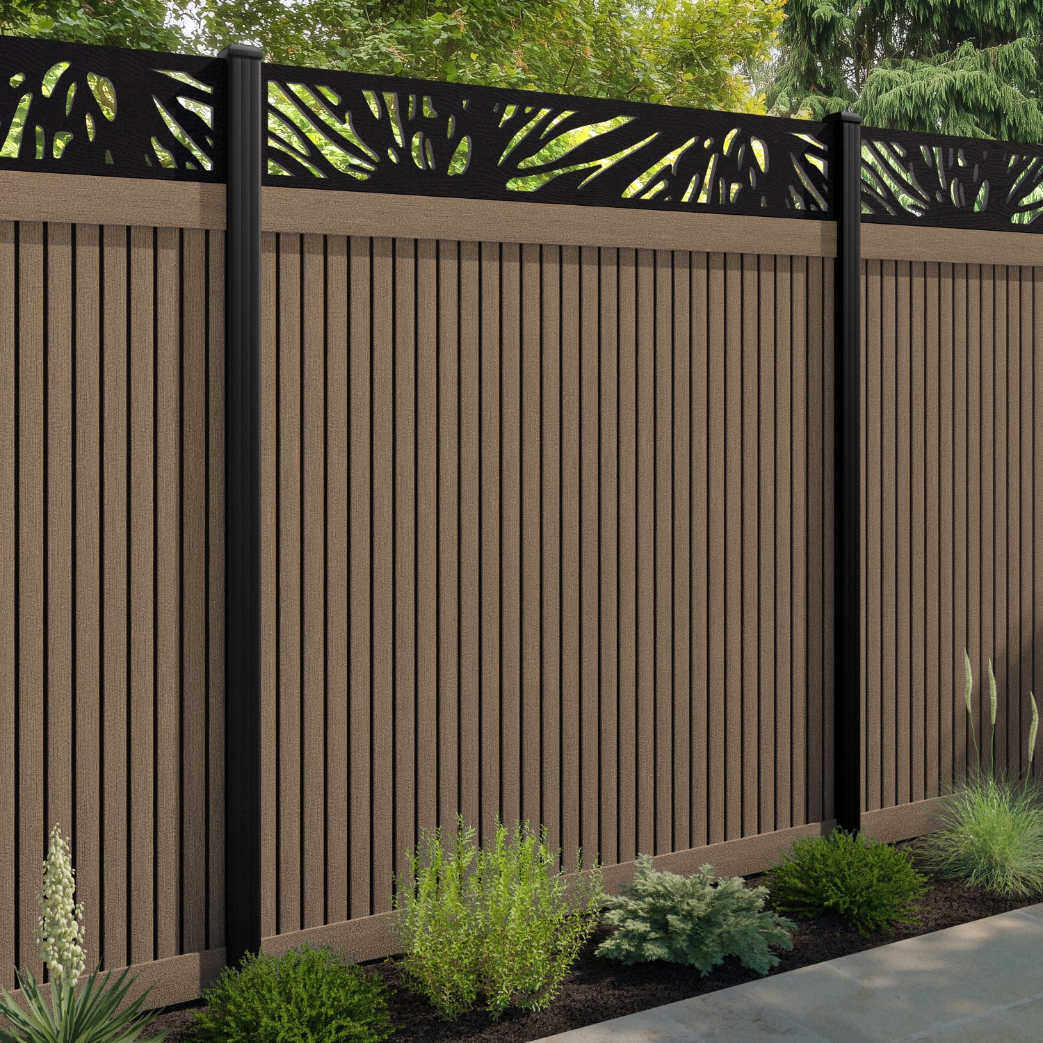 Virtis Poppy Fence Panel - Teak - with our aluminium posts