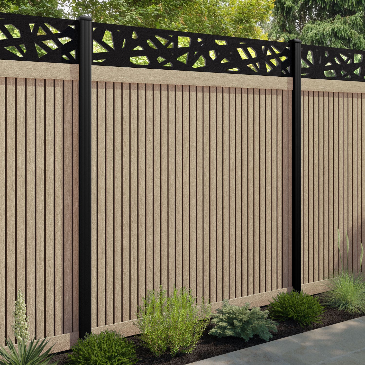 Virtis Prism Fence Panel - Light Oak - with our aluminium posts