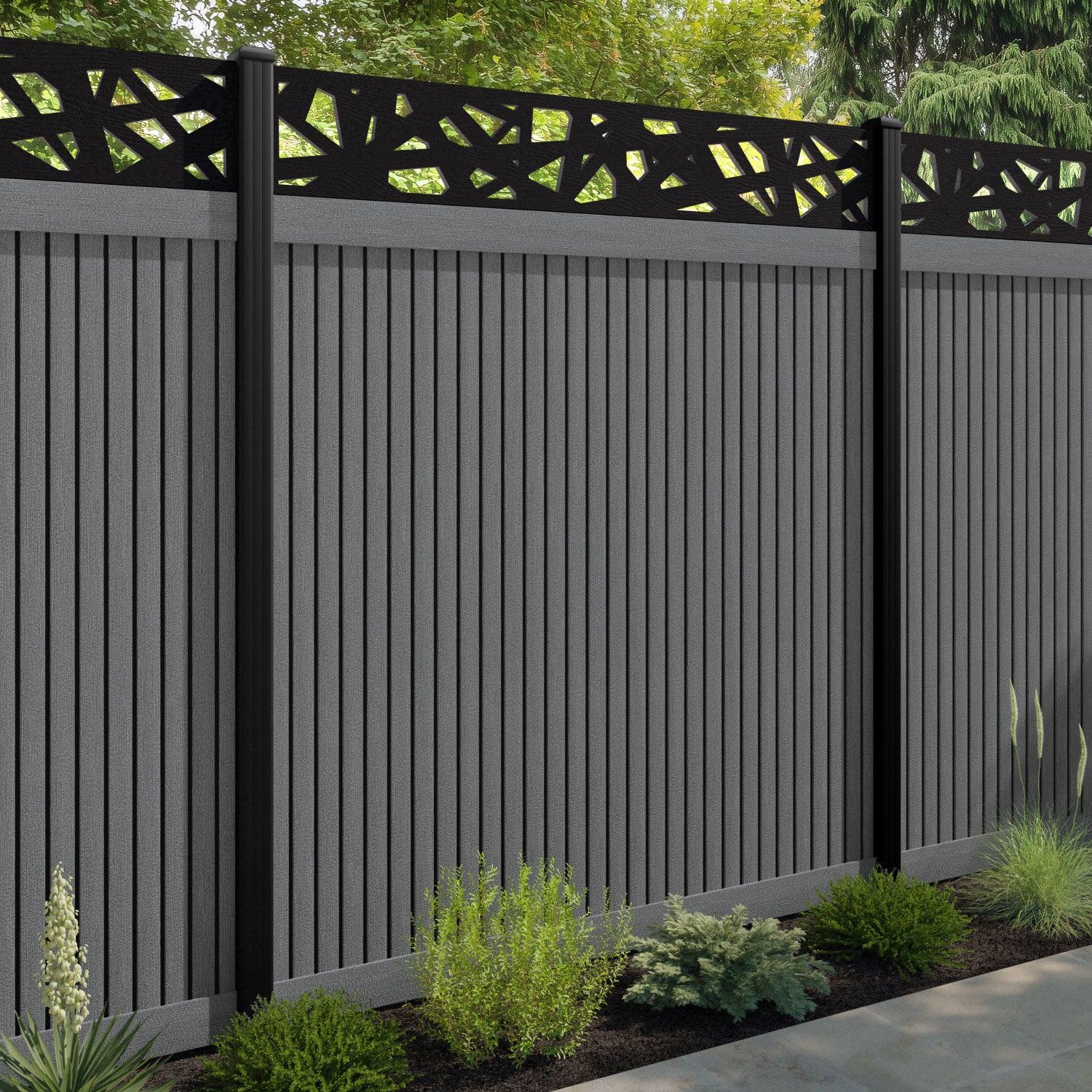 Virtis Prism Fence Panel - Mid Grey - with our aluminium posts