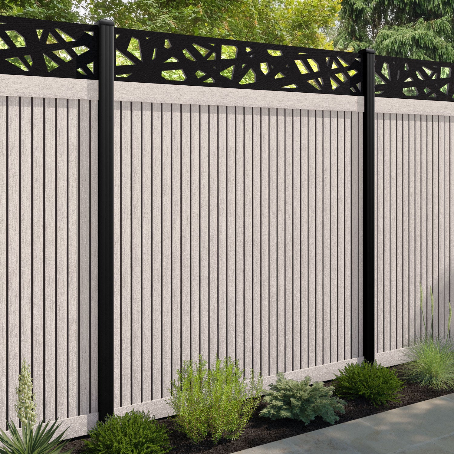 Virtis Prism Fence Panel - Mid Stone - with our aluminium posts