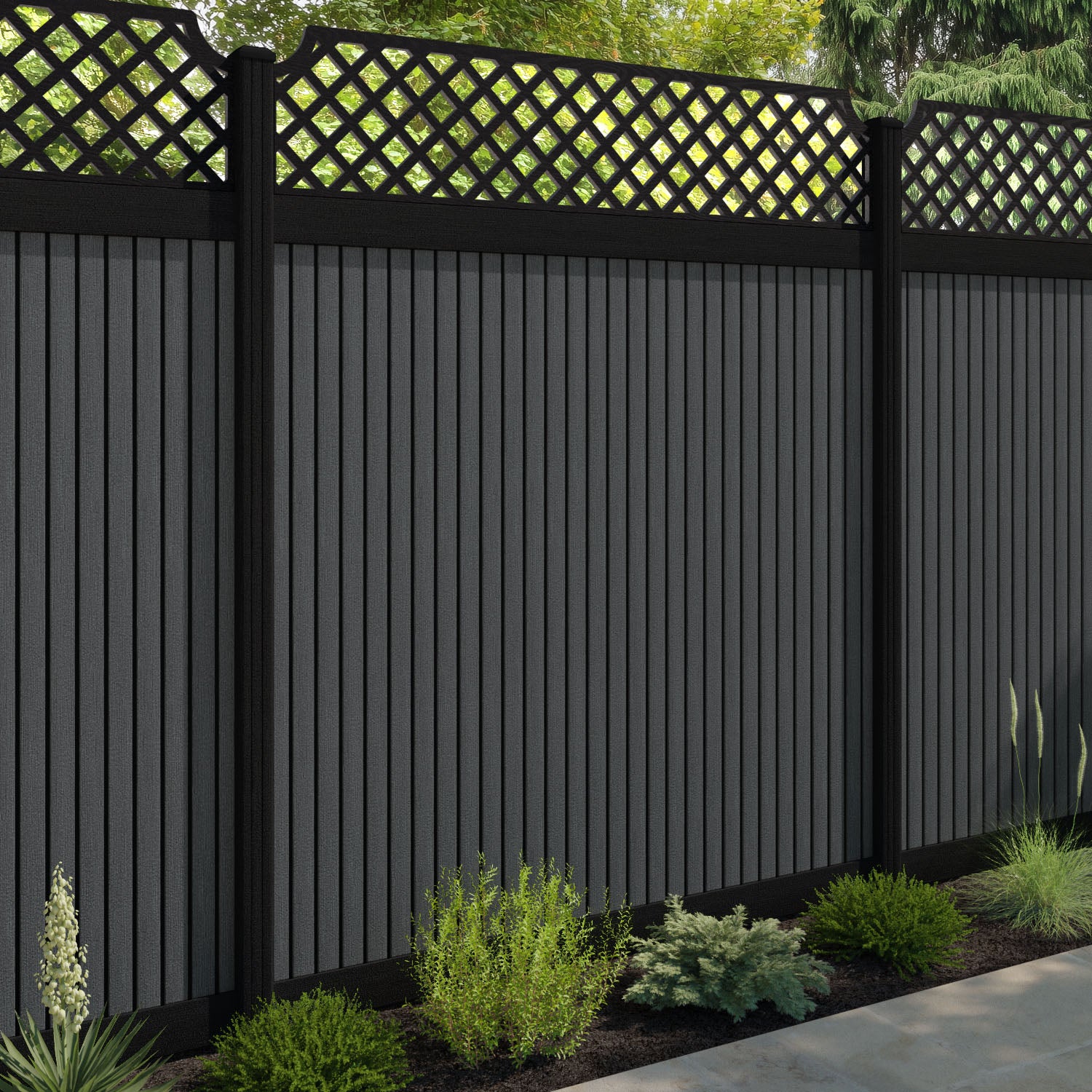Virtis Regal Hive Fence Panel - Dark Grey - with our aluminium posts