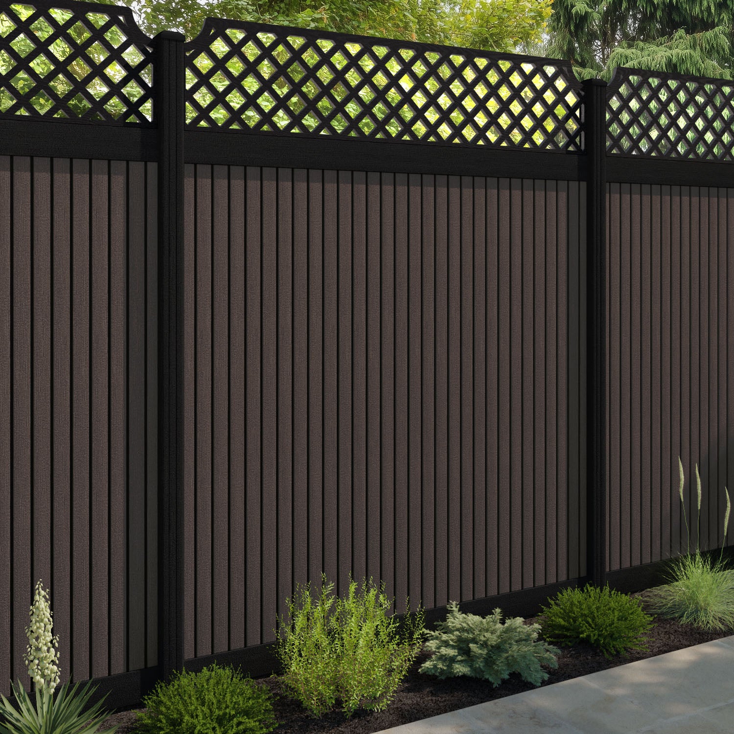 Virtis Regal Hive Fence Panel - Mid Brown - with our aluminium posts