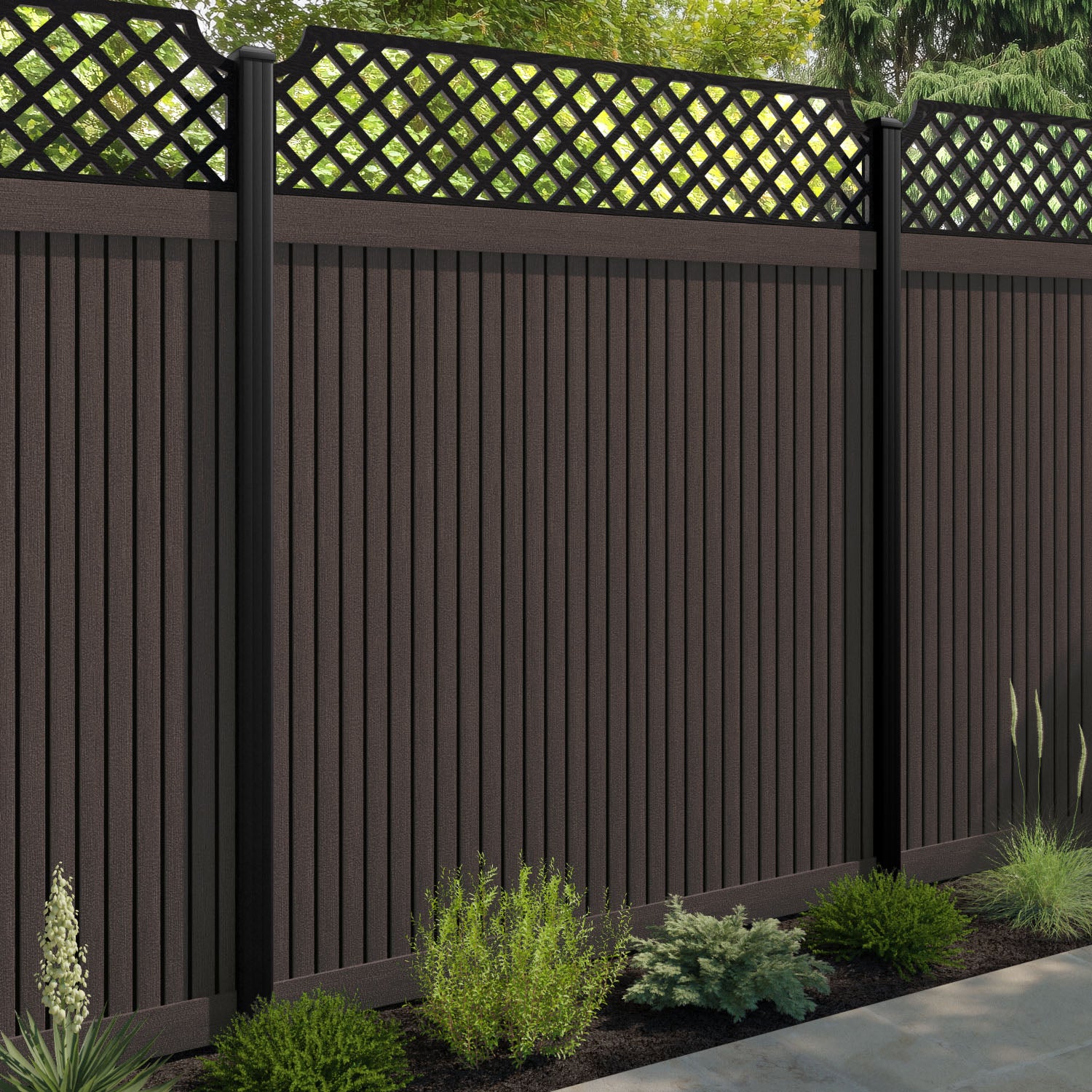 Virtis Regal Hive Fence Panel - Mid Brown - with our aluminium posts