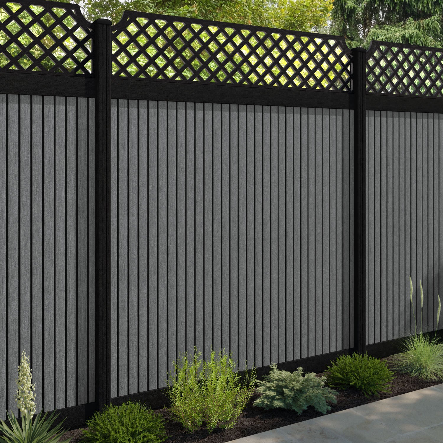 Virtis Regal Hive Fence Panel - Mid Grey - with our aluminium posts