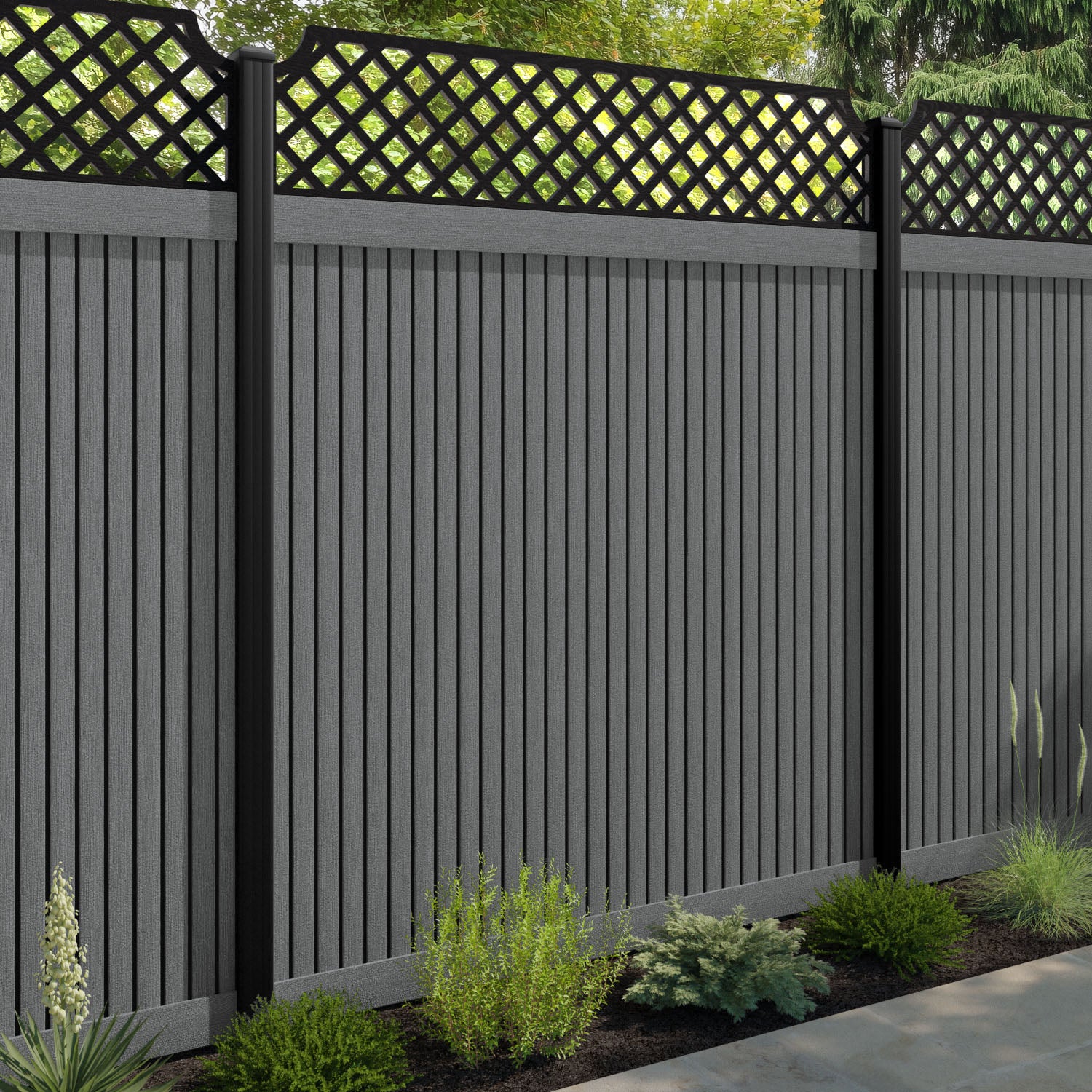 Virtis Regal Hive Fence Panel - Mid Grey - with our aluminium posts