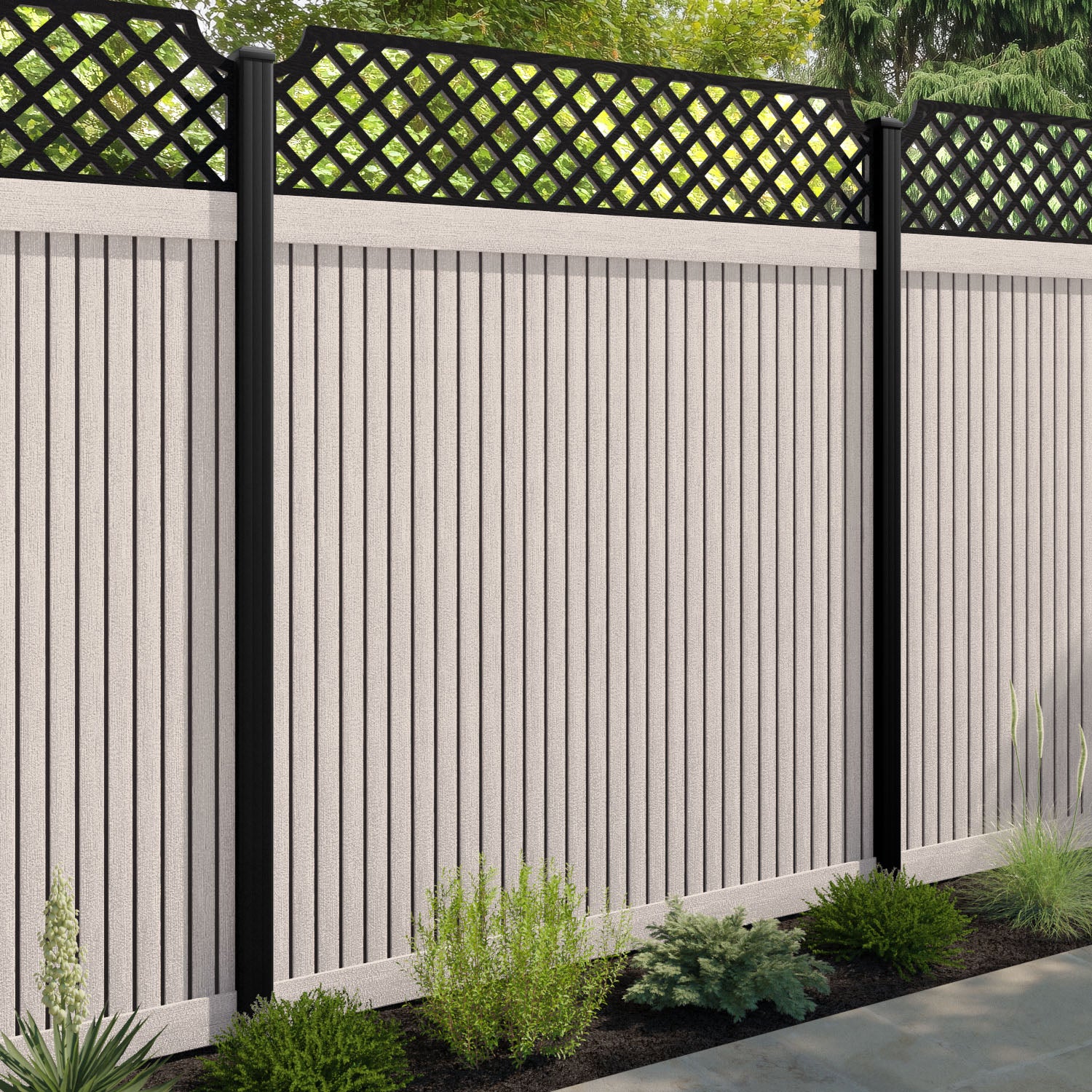 Virtis Regal Hive Fence Panel - Mid Stone - with our aluminium posts