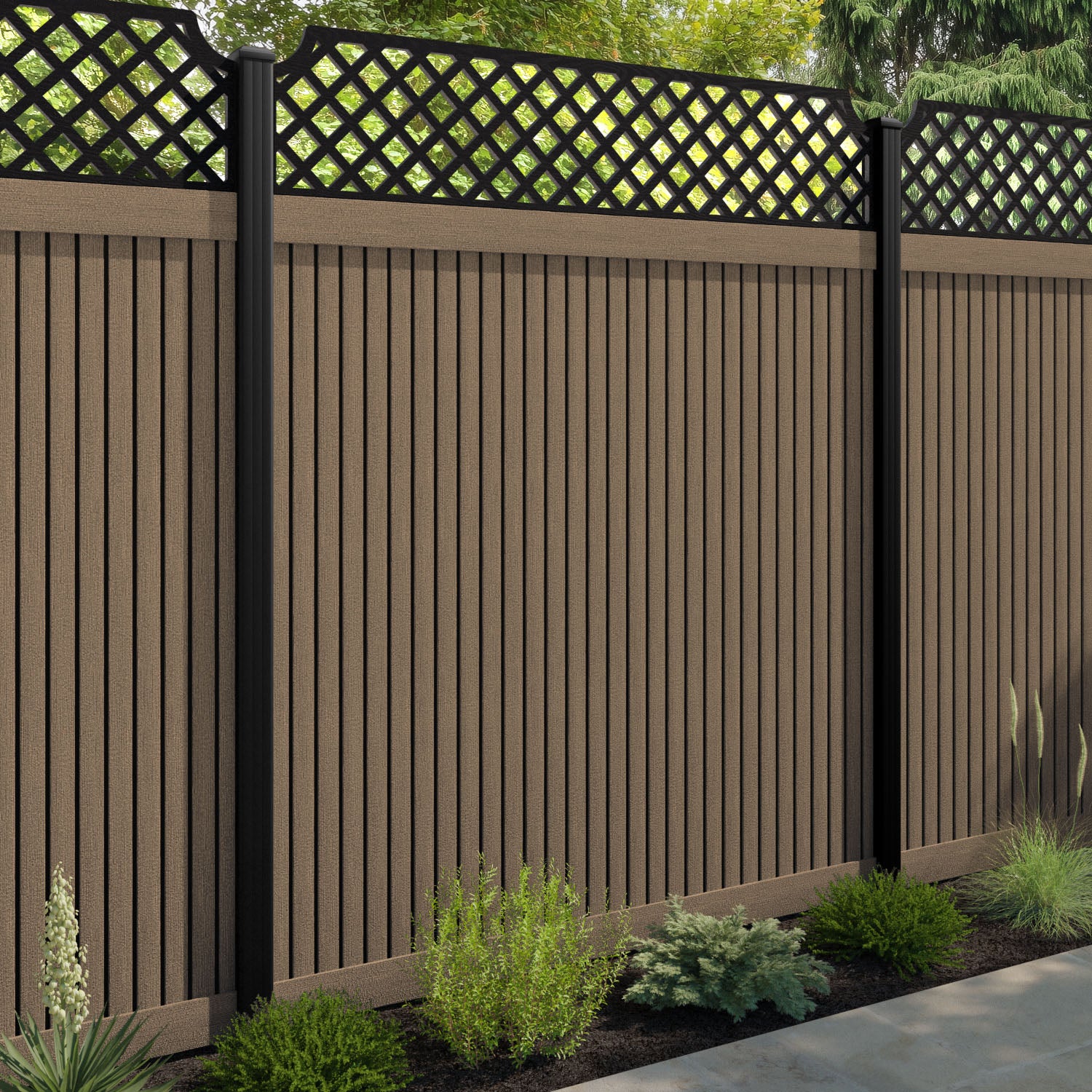 Virtis Regal Hive Fence Panel - Teak - with our aluminium posts