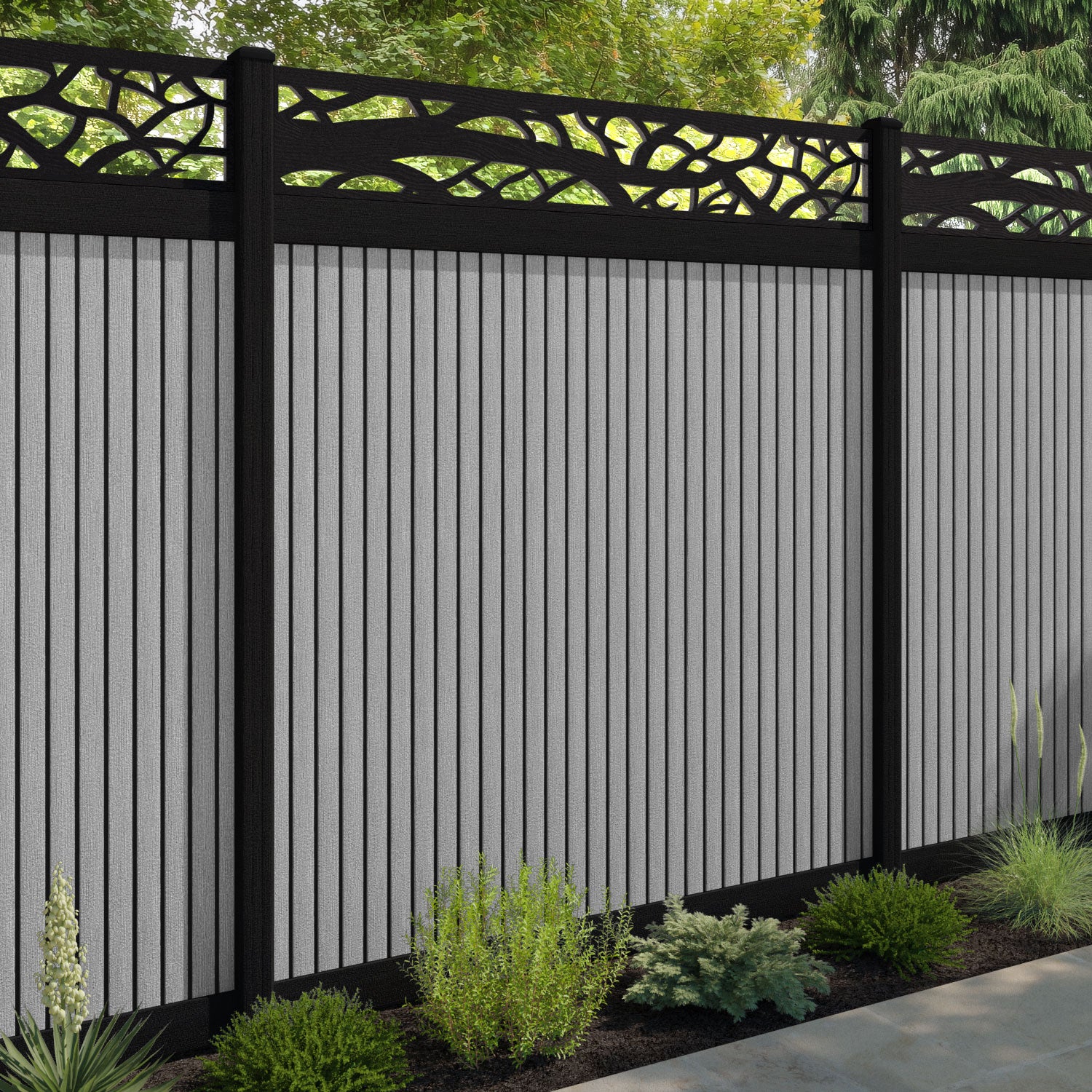 Virtis Twilight Fence Panel - Light Grey - with our aluminium posts