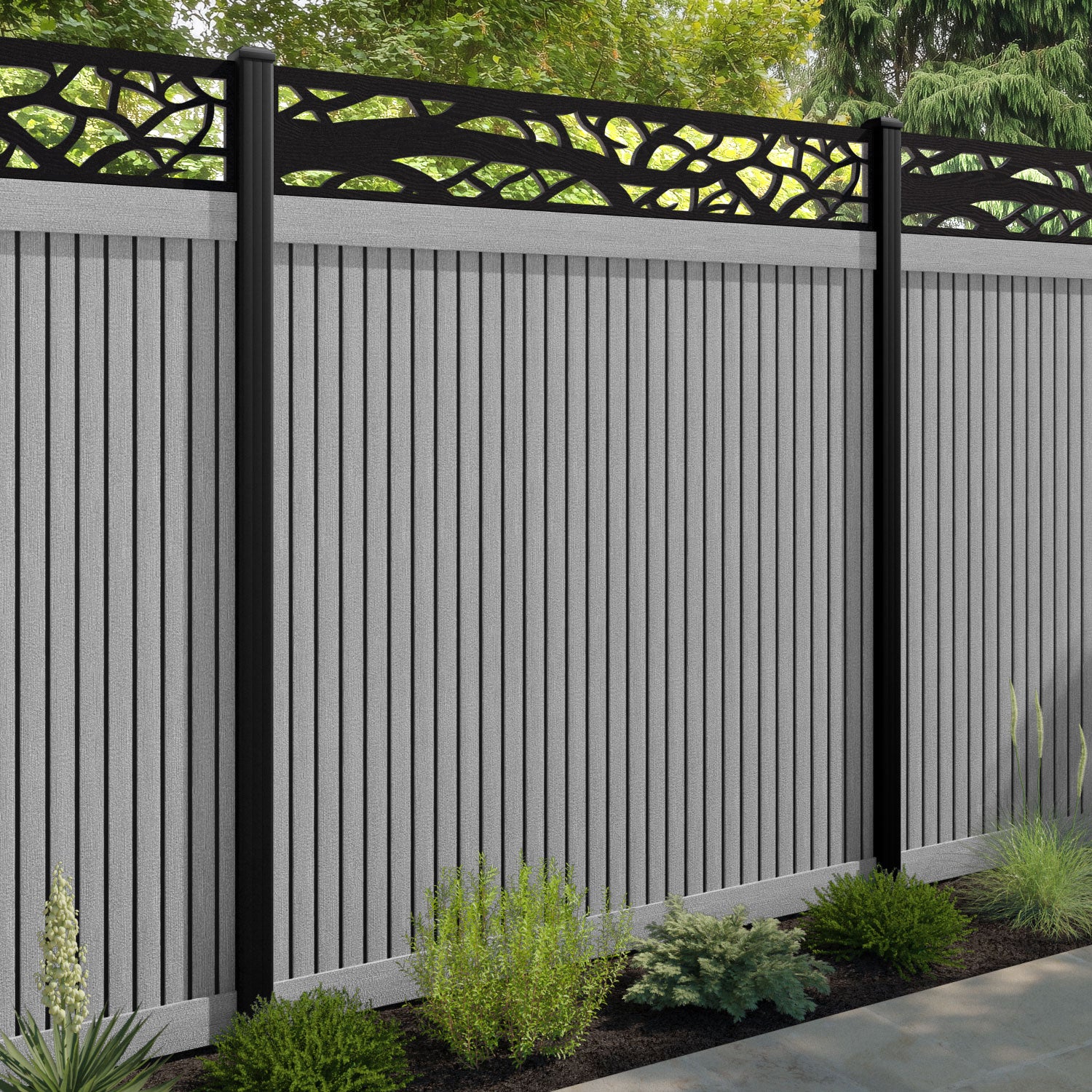 Virtis Twilight Fence Panel - Light Grey - with our aluminium posts