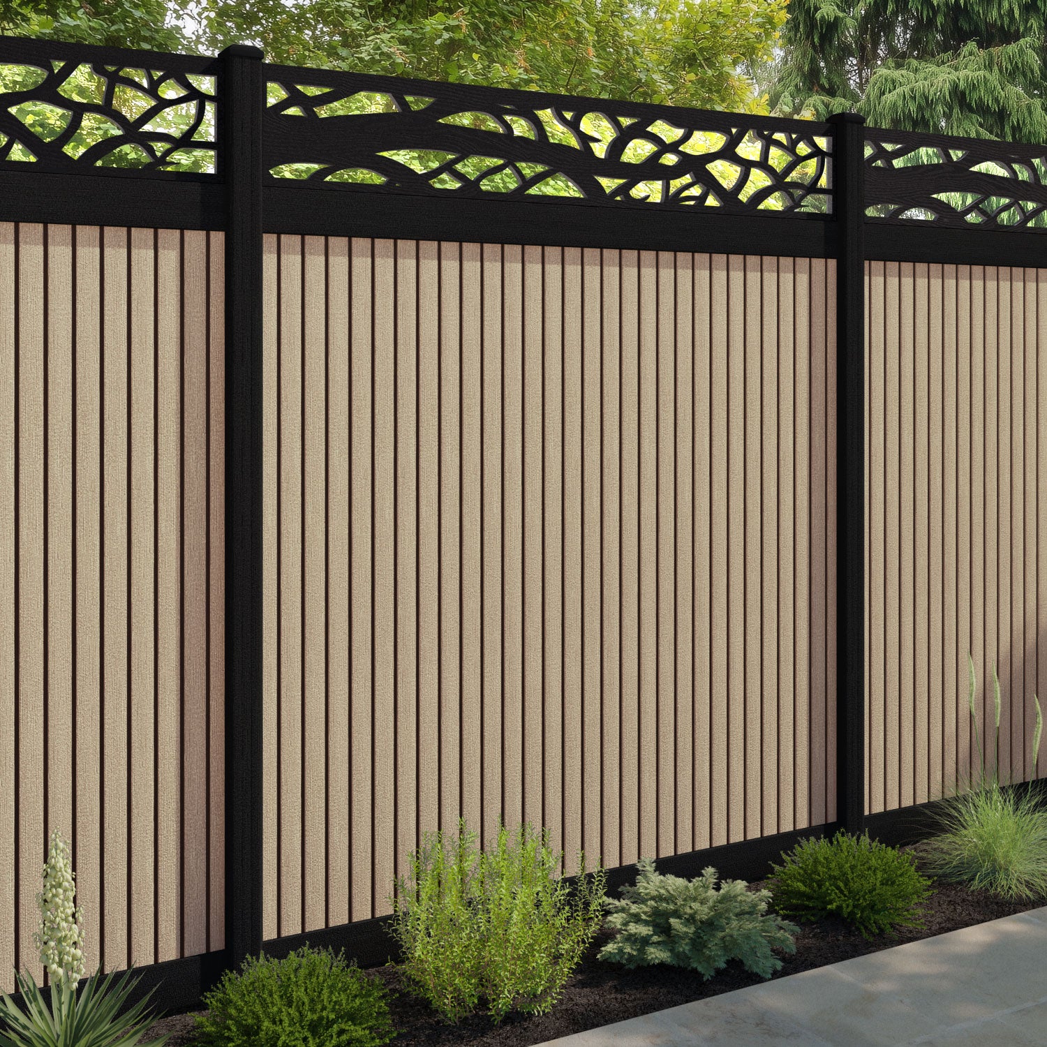 Virtis Twilight Fence Panel - Light Oak - with our aluminium posts