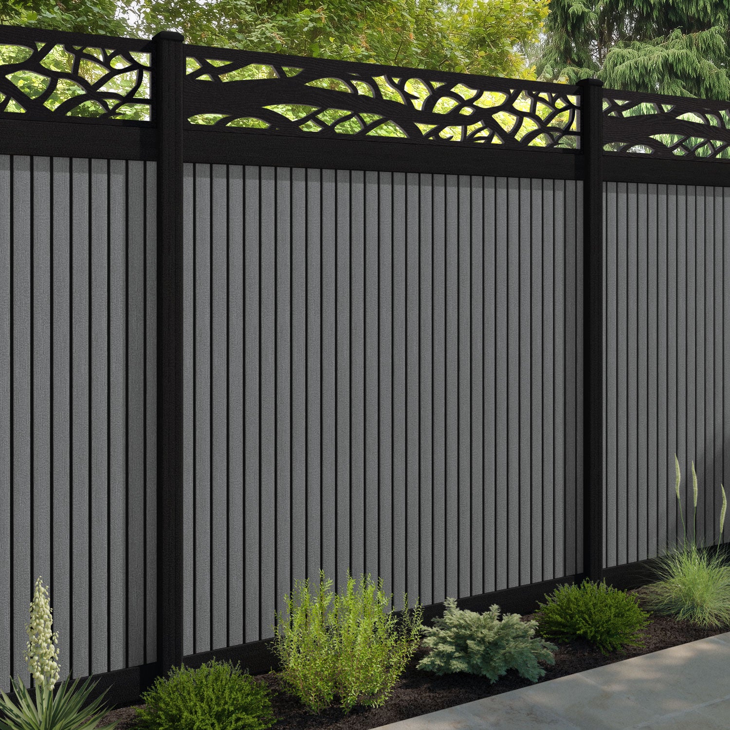 Virtis Twilight Fence Panel - Mid Grey - with our aluminium posts