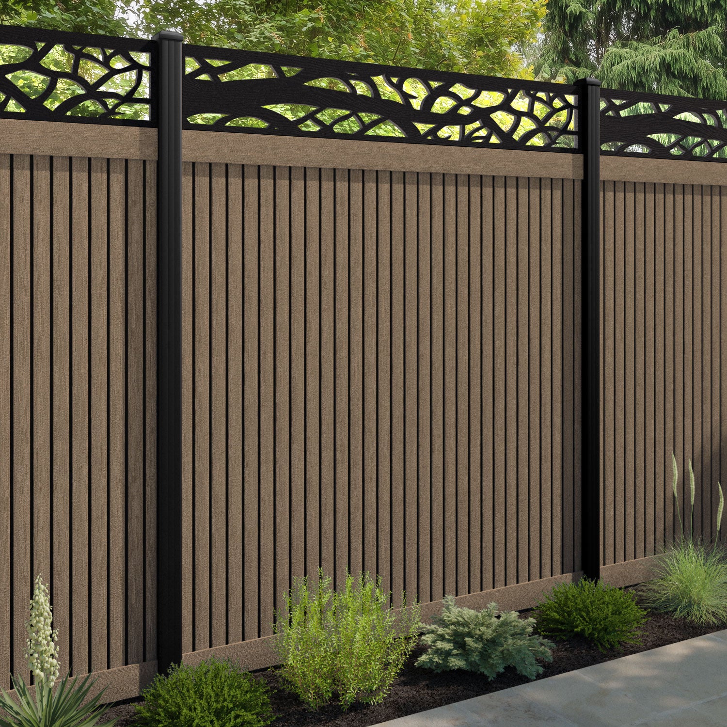 Virtis Twilight Fence Panel - Teak - with our aluminium posts