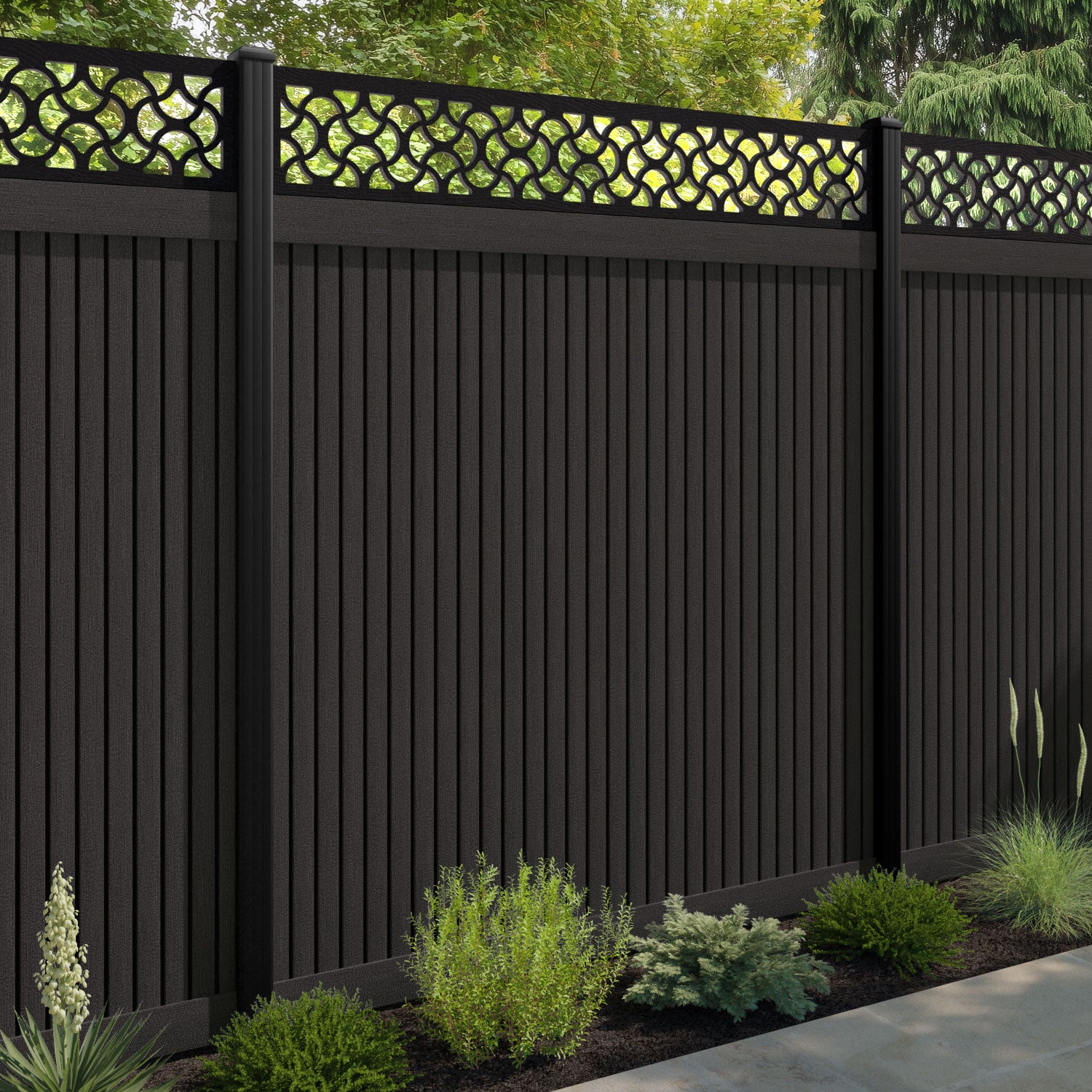 Virtis Vida Fence Panel - Dark Oak - with our aluminium posts