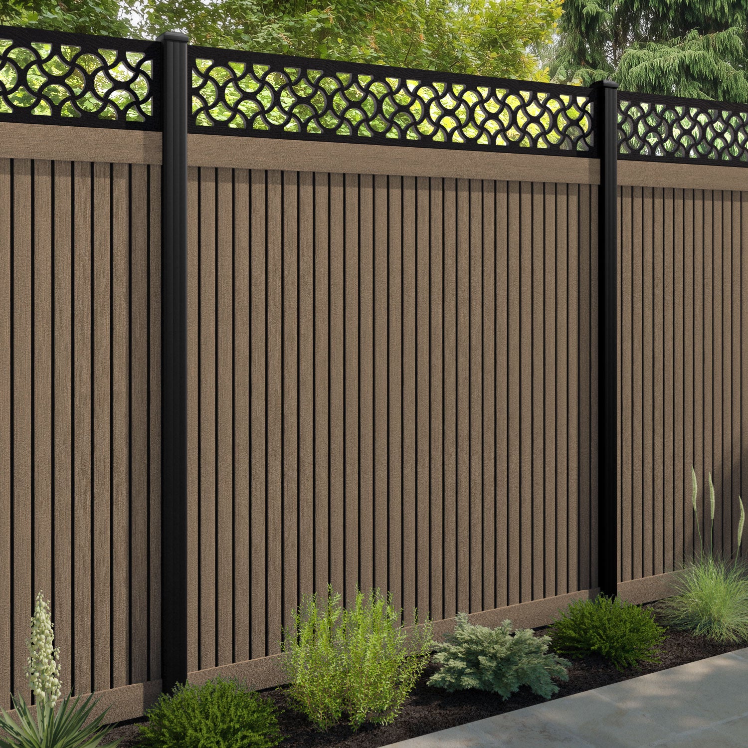 Virtis Vida Fence Panel - Teak - with our aluminium posts