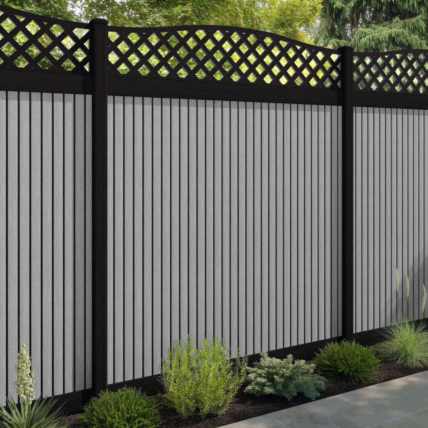 Virtis High Wave Fence Panel - Light Grey - with our aluminium posts