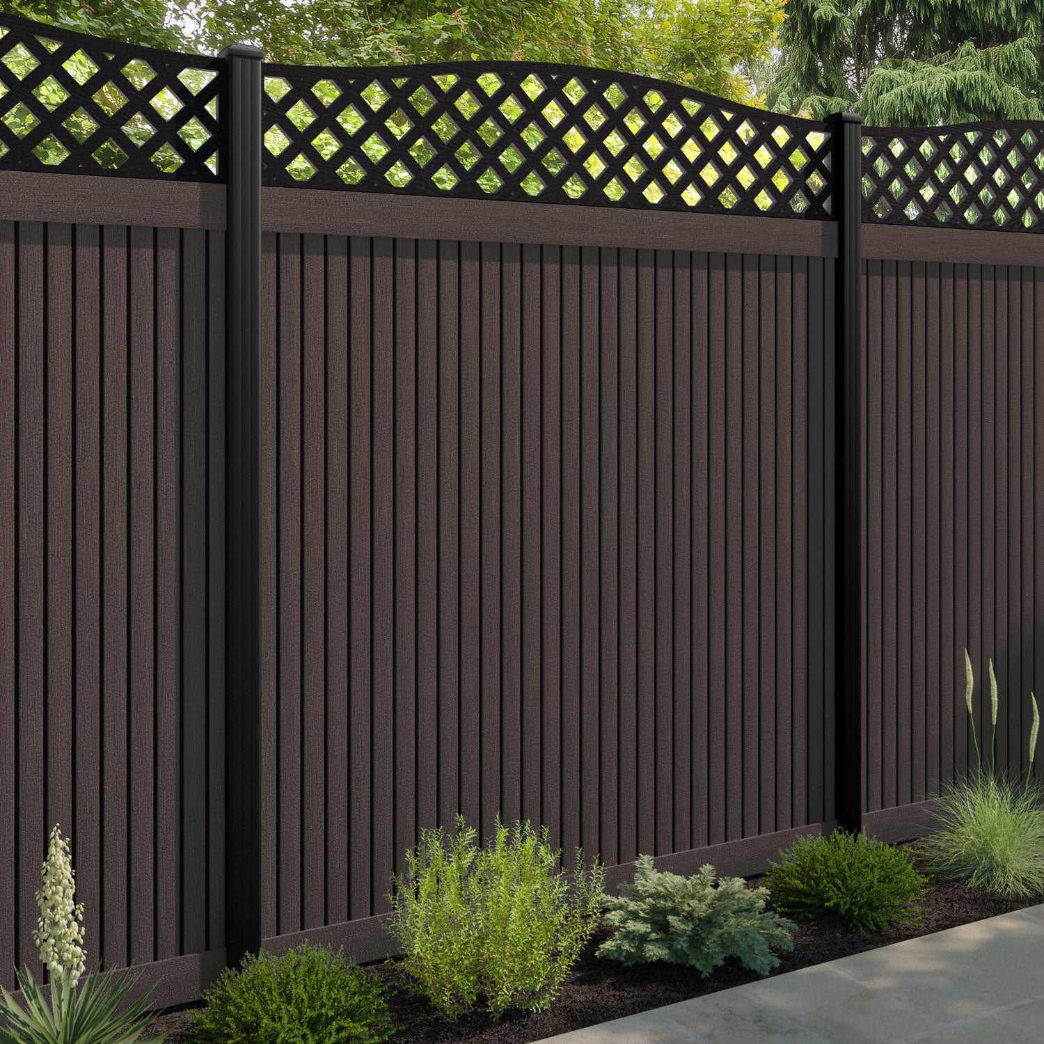 Virtis High Wave Fence Panel - Mid Brown - with our aluminium posts