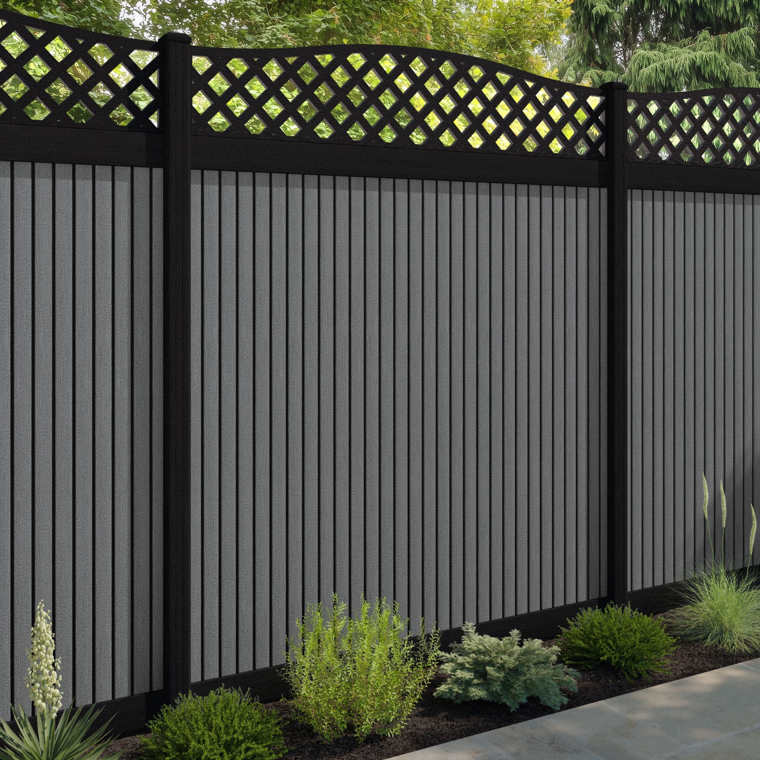 Virtis High Wave Fence Panel - Mid Grey - with our aluminium posts