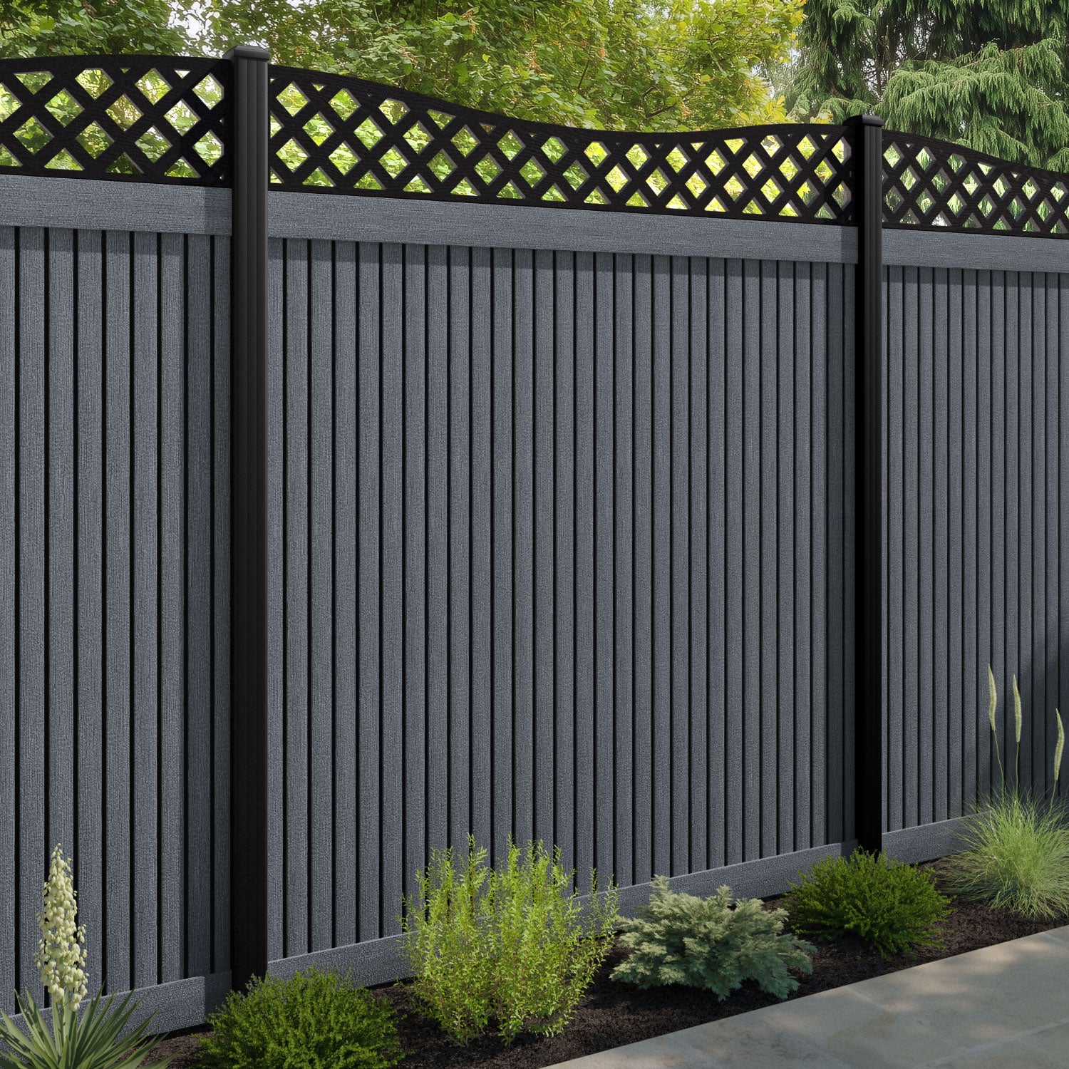 Virtis Low Wave Fence Panel - Anthracite - with our aluminium posts