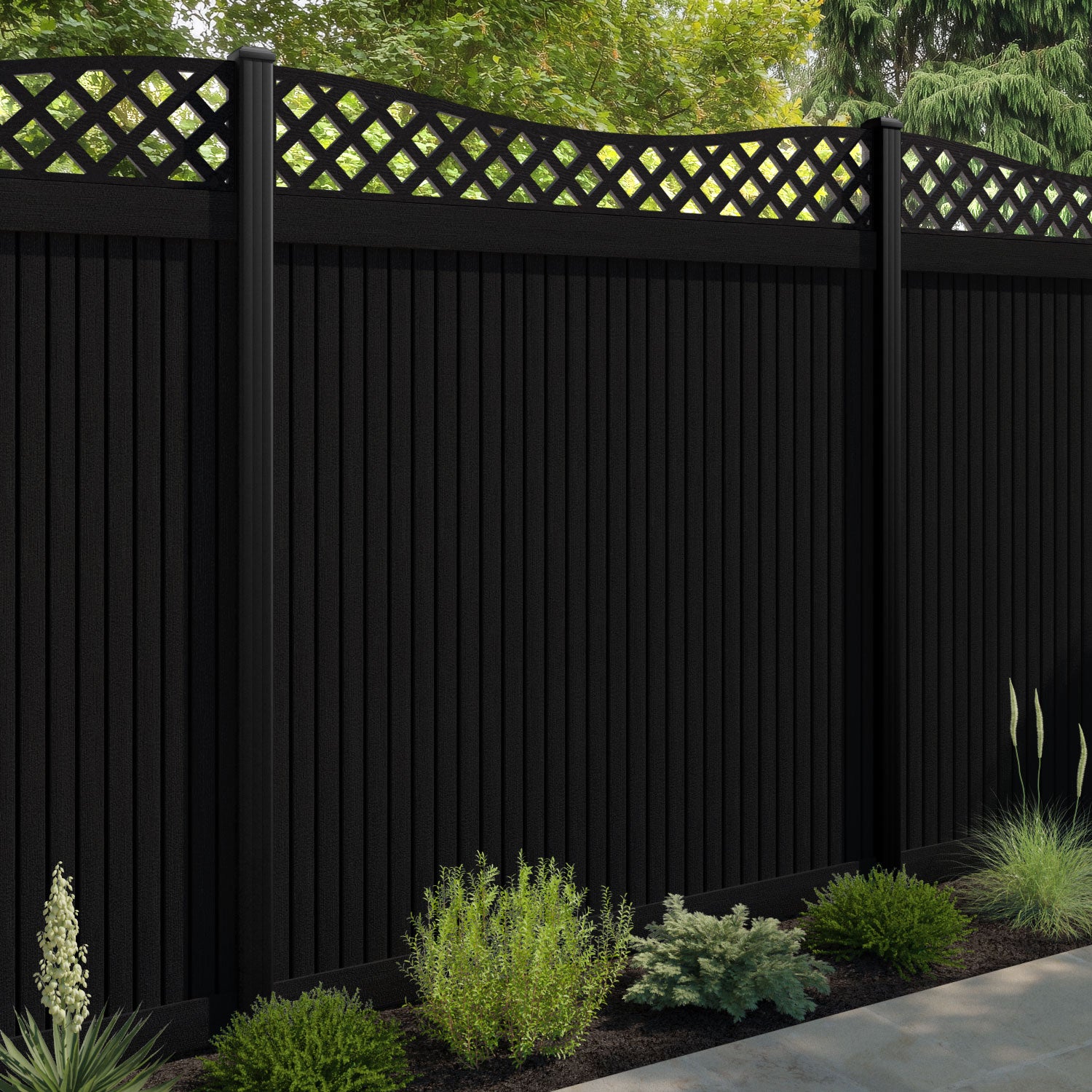 Virtis Low Wave Fence Panel - Black - with our aluminium posts