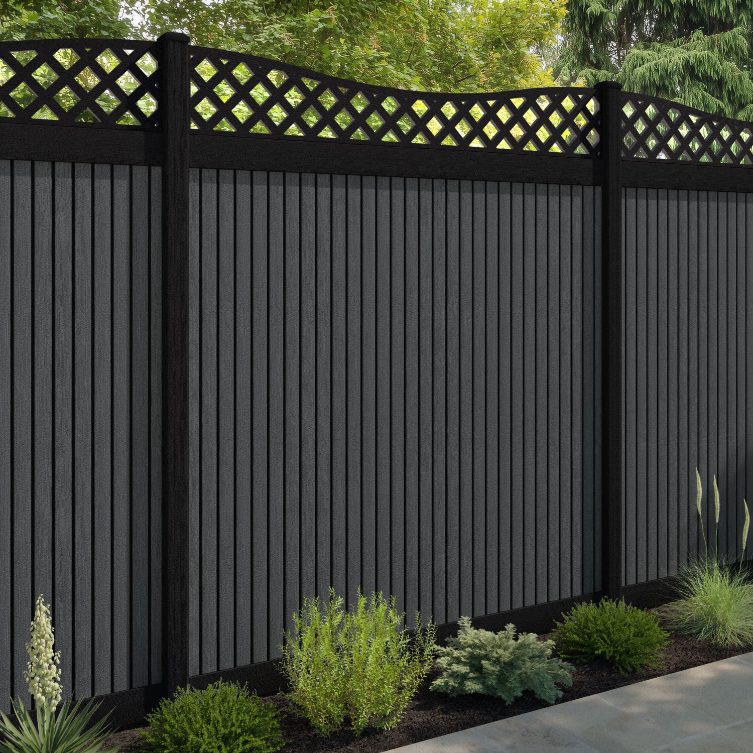 Virtis Low Wave Fence Panel - Dark Grey - with our composite posts