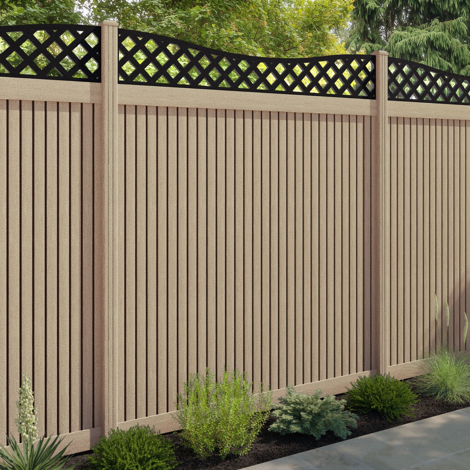 Virtis Low Wave Fence Panel - Light Oak - with our composite posts