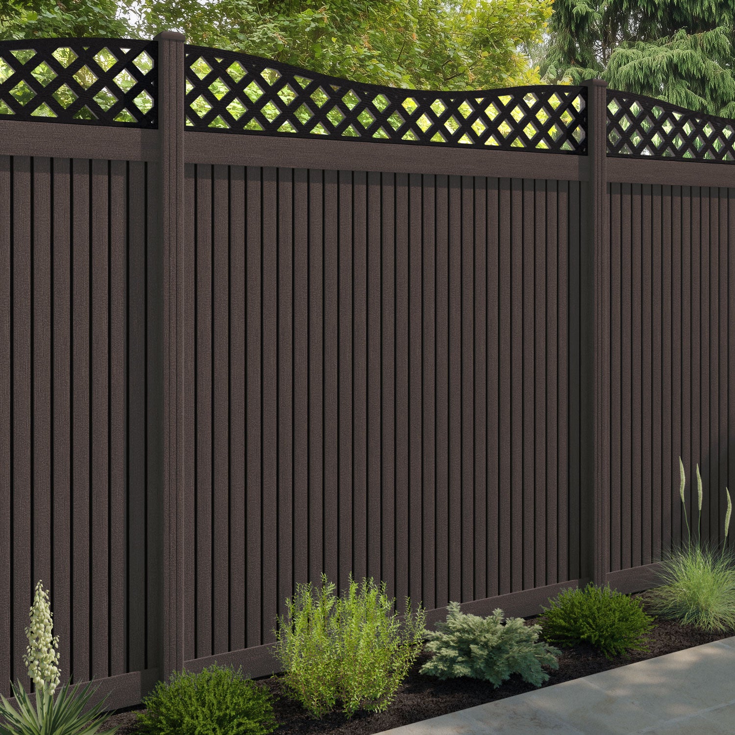 Virtis Low Wave Fence Panel - Mid Brown - with our composite posts