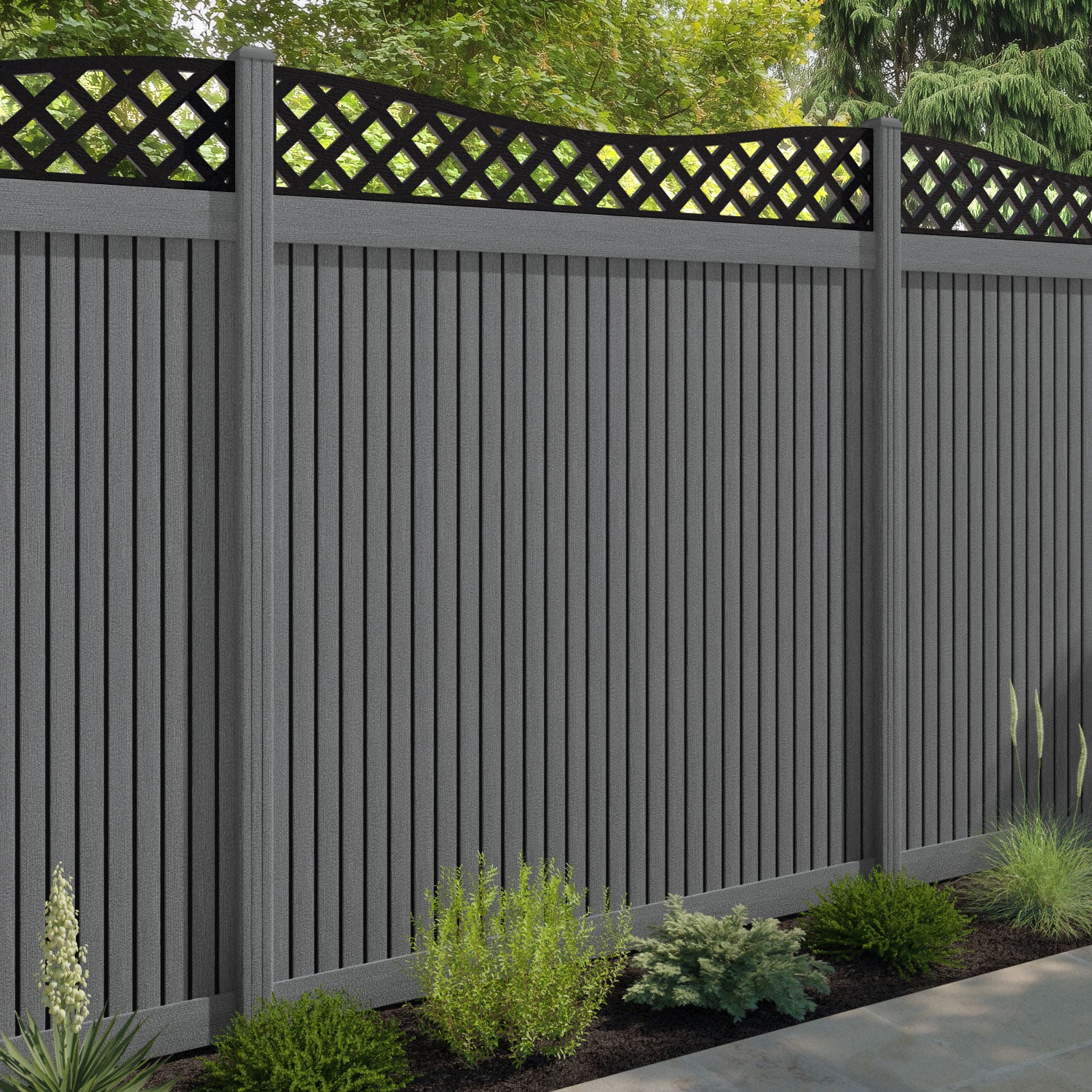 Virtis Low Wave Fence Panel - Mid Grey - with our composite posts