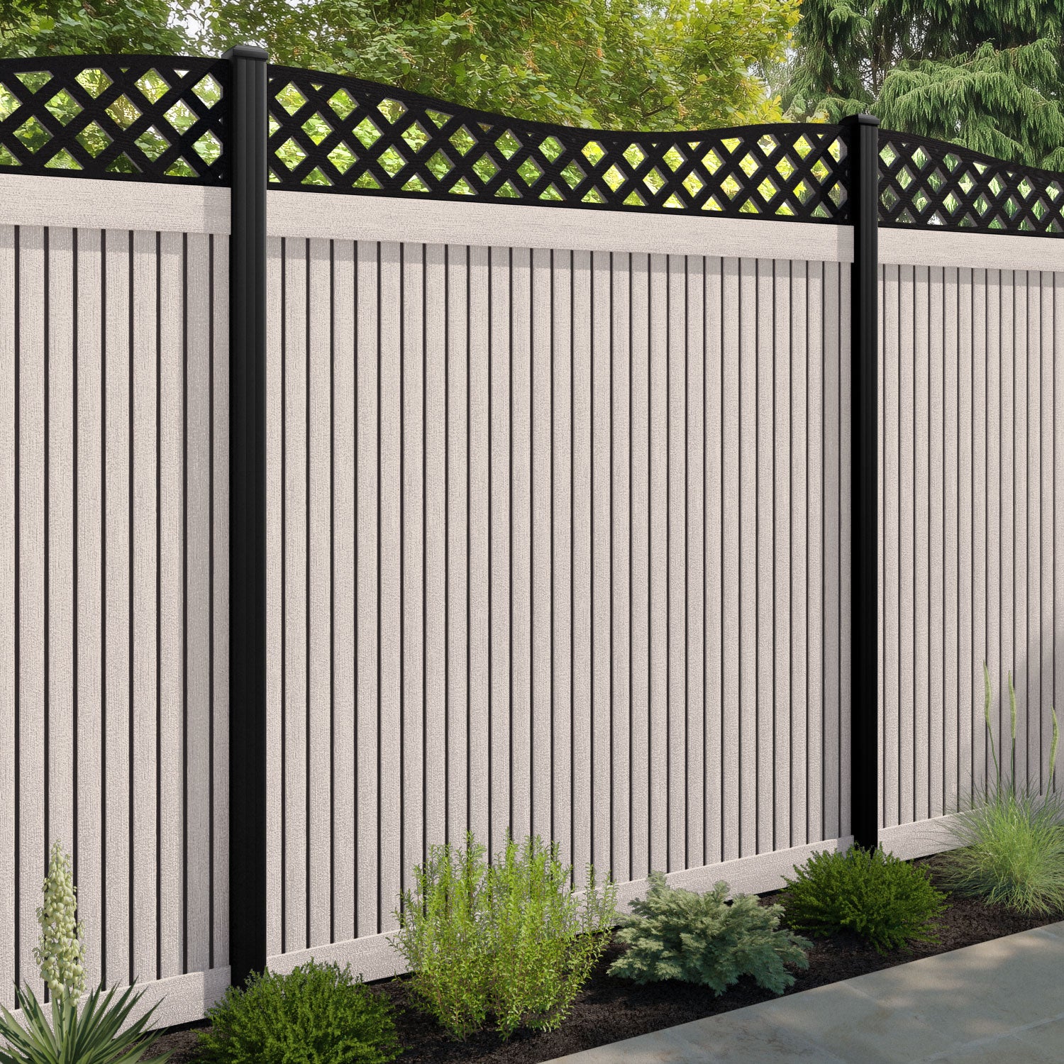 Virtis Low Wave Fence Panel - Mid Stone - with our composite posts