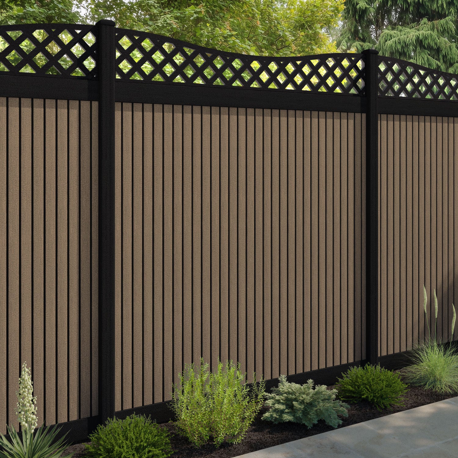 Virtis Low Wave Fence Panel - Teak - with our composite posts