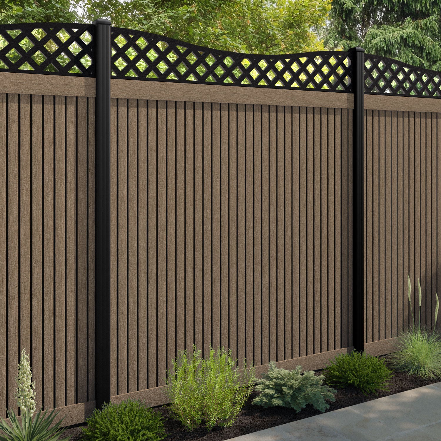 Virtis Low Wave Fence Panel - Teak - with our composite posts