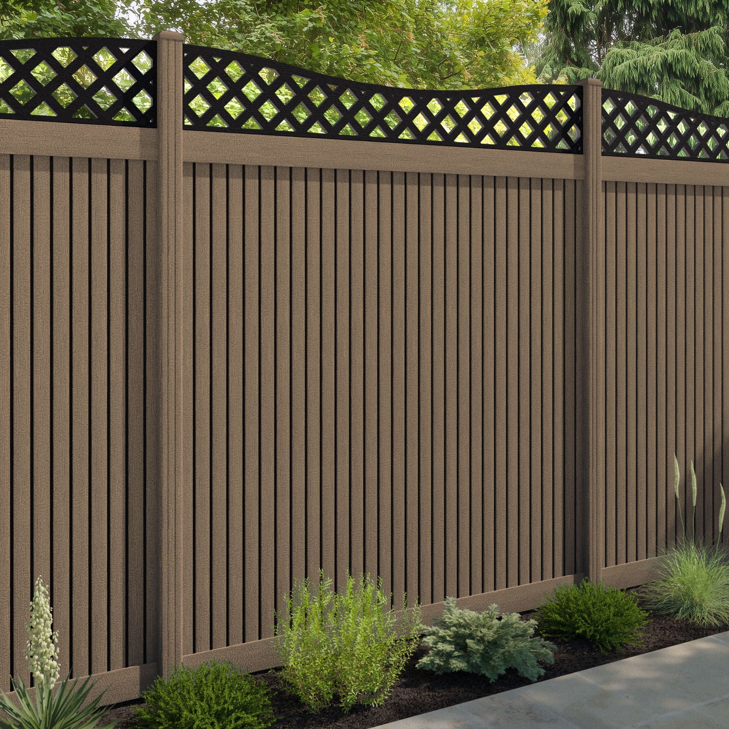 Virtis Low Wave Fence Panel - Teak - with our composite posts