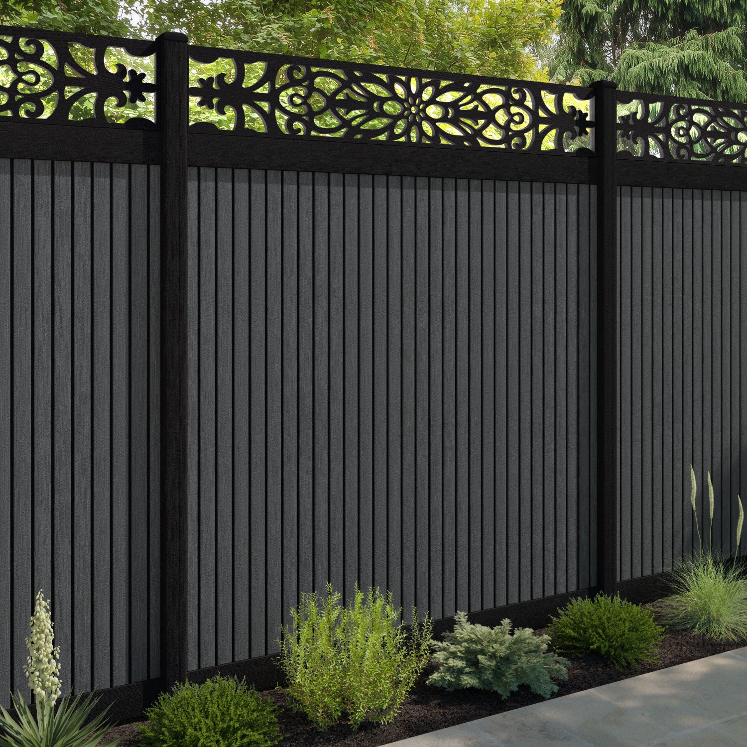 Virtis Windsor Fence Panel - Dark Grey - with our aluminium posts