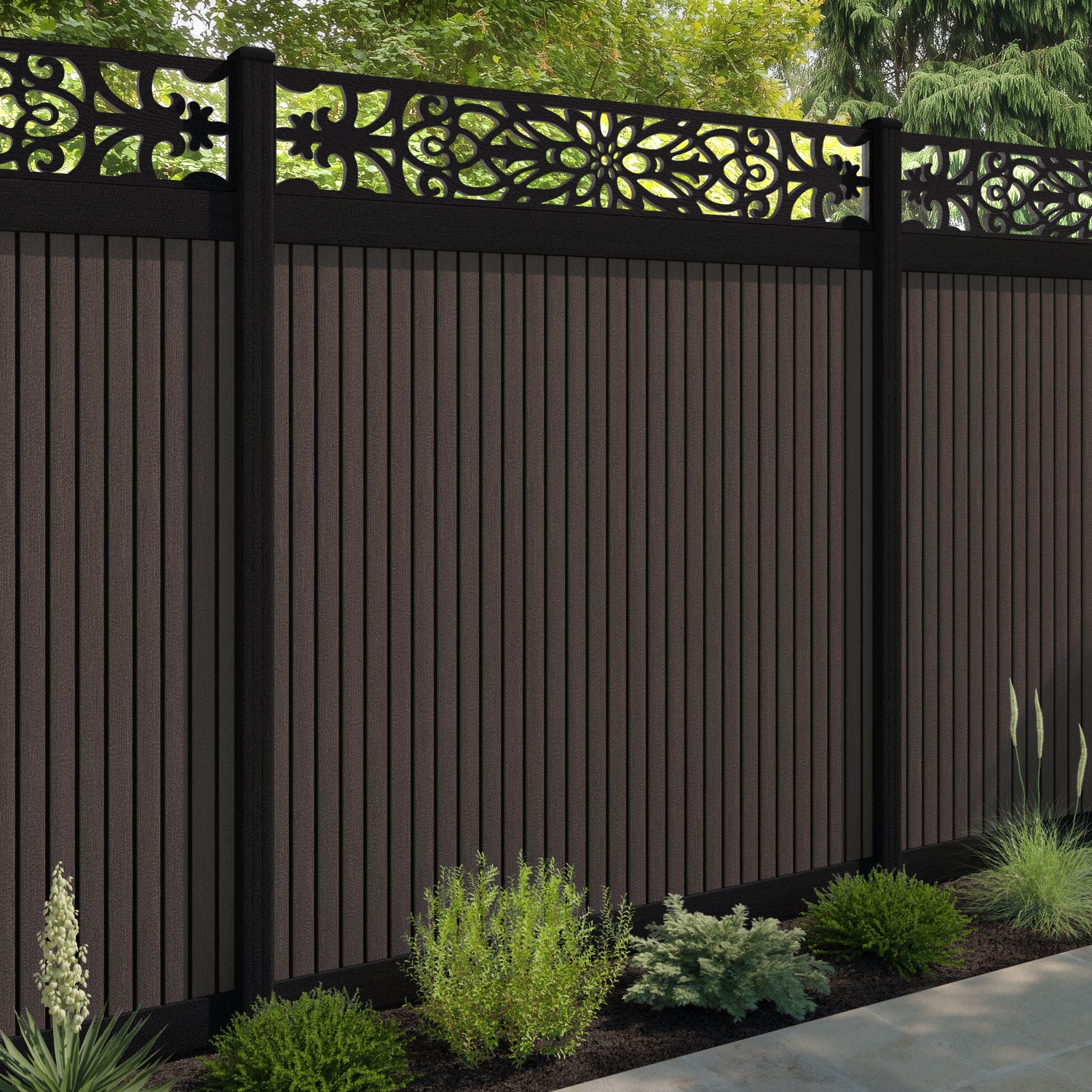 Virtis Windsor Fence Panel - Mid Brown - with our aluminium posts