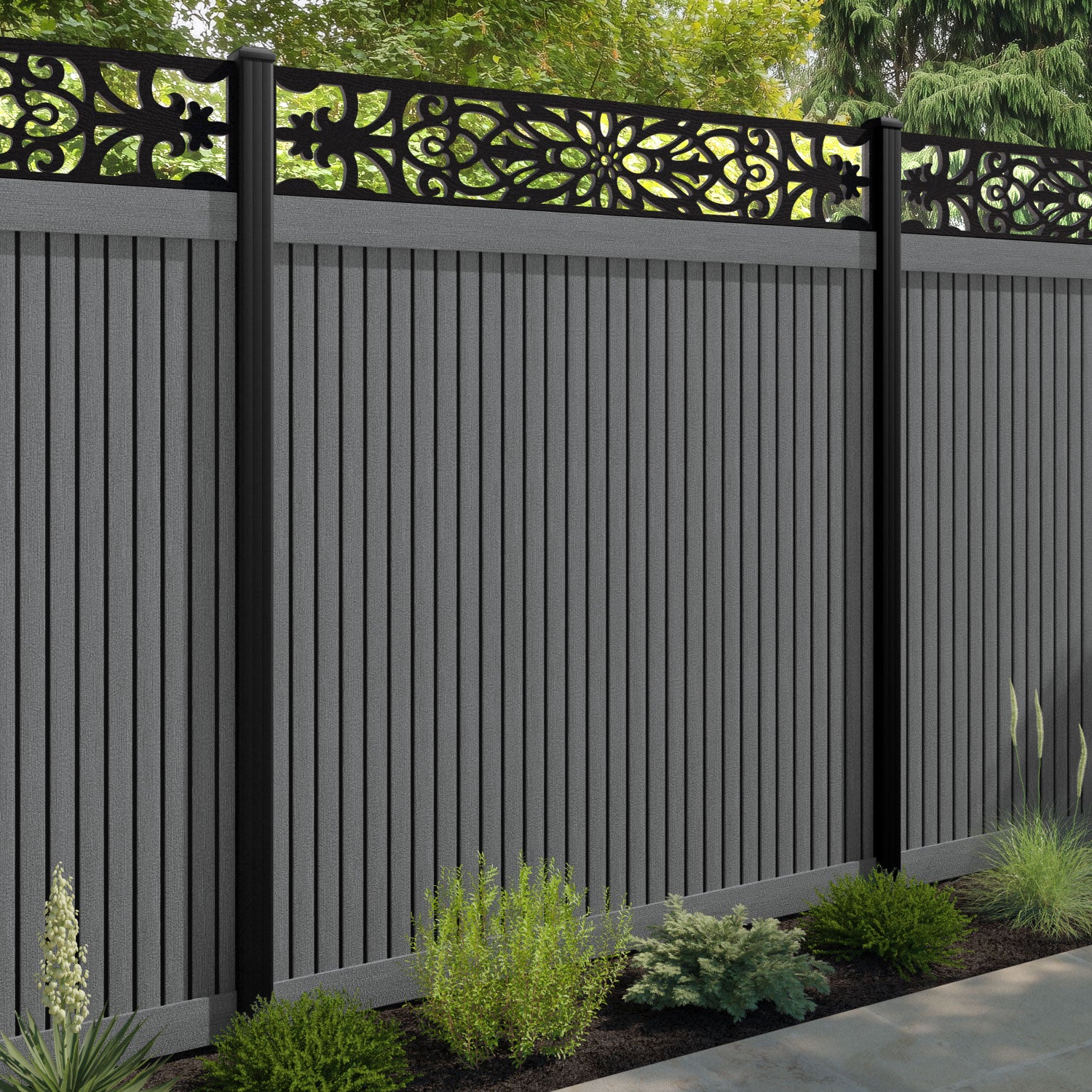 Virtis Windsor Fence Panel - Mid Grey - with our aluminium posts