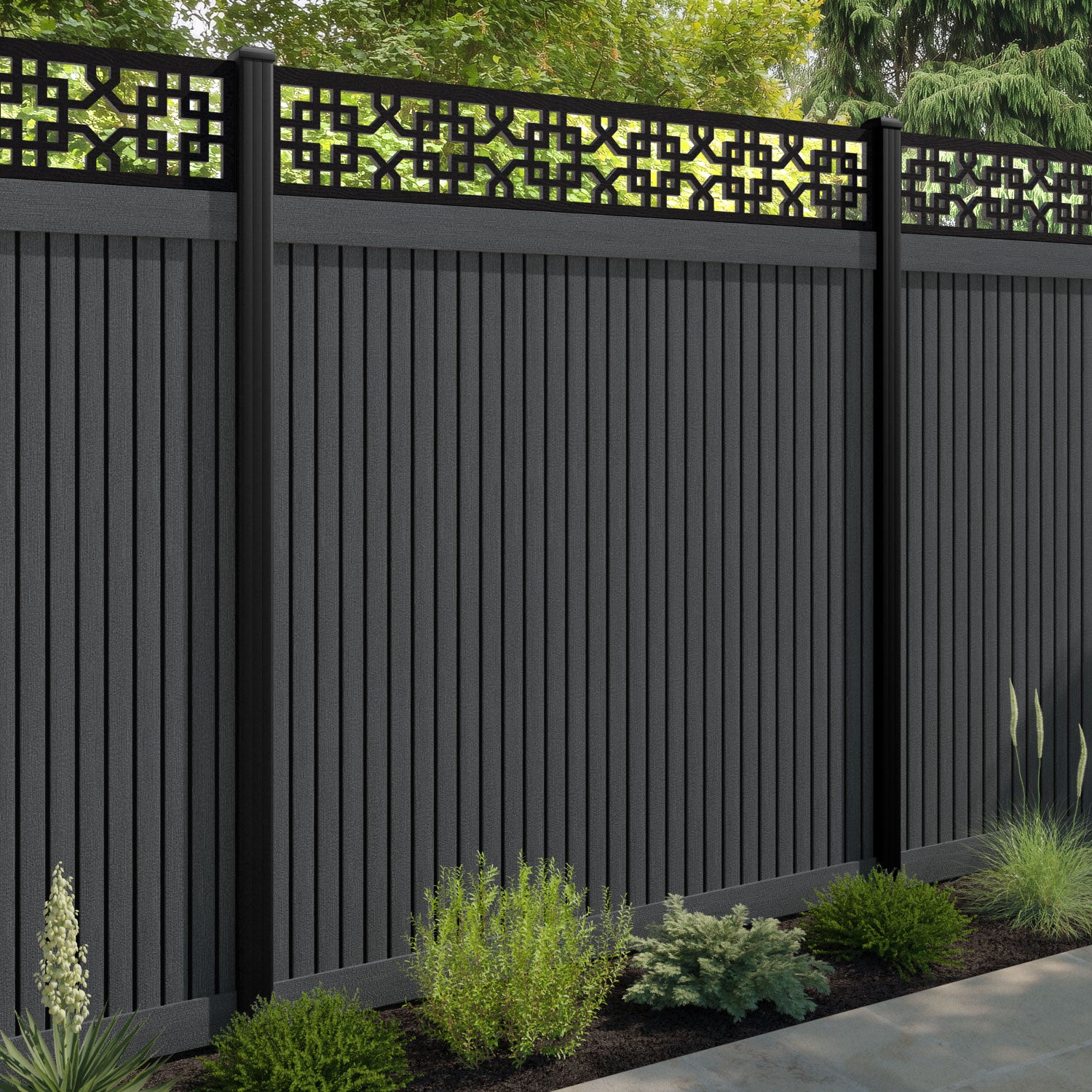 Virtis Zaria Fence Panel - Dark Grey - with our aluminium posts