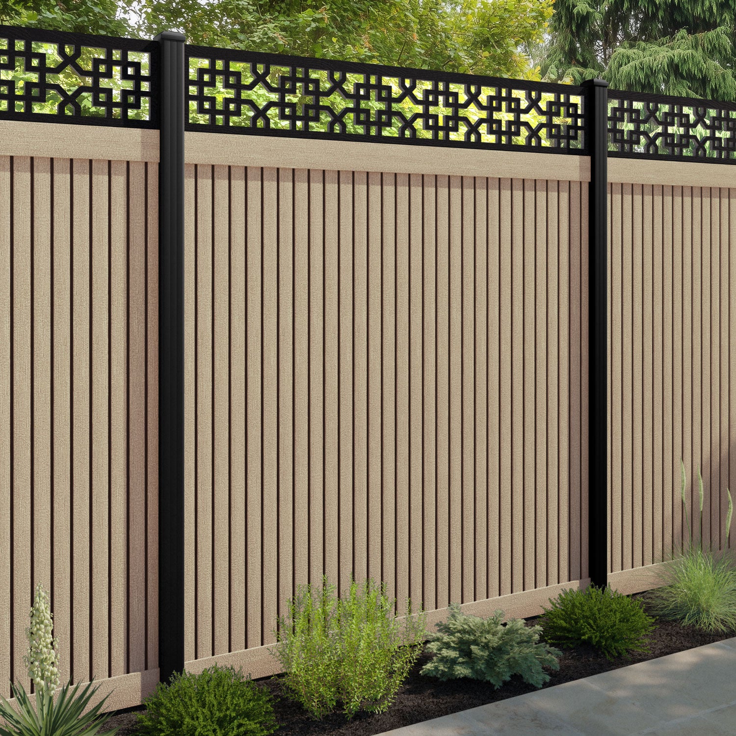 Virtis Zaria Fence Panel - Light Oak - with our aluminium posts