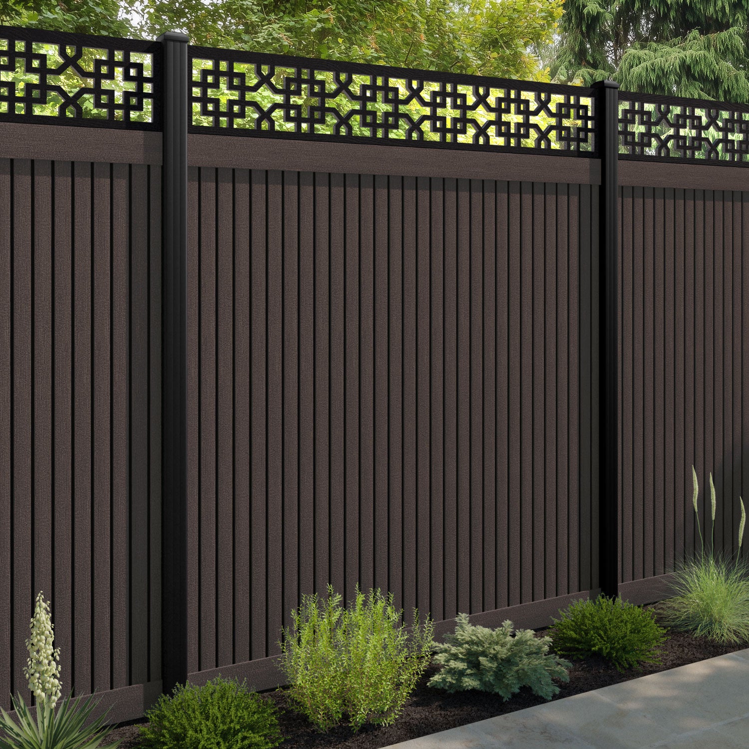 Virtis Zaria Fence Panel - Mid Brown - with our composite posts