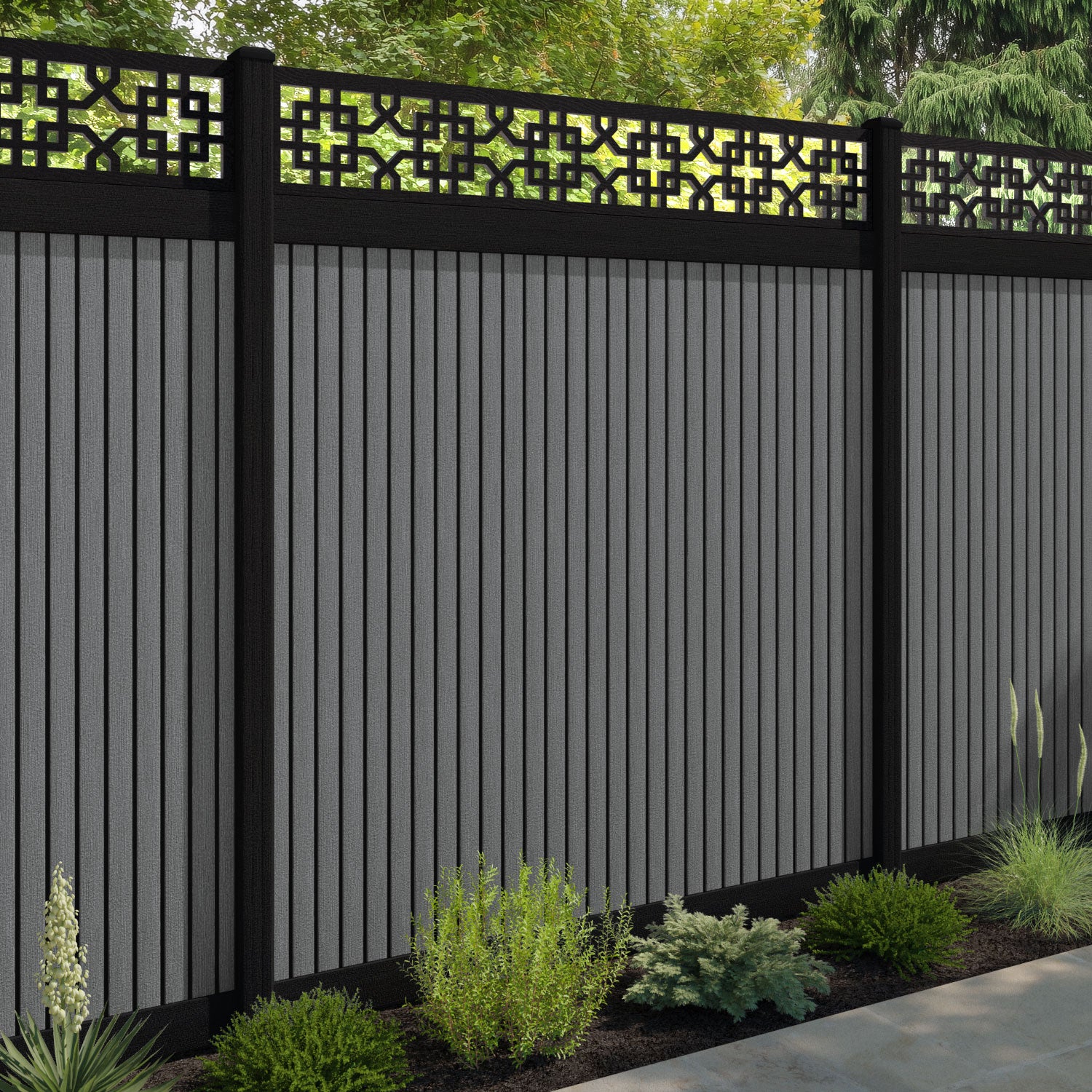Virtis Zaria Fence Panel - Mid Grey - with our aluminium posts