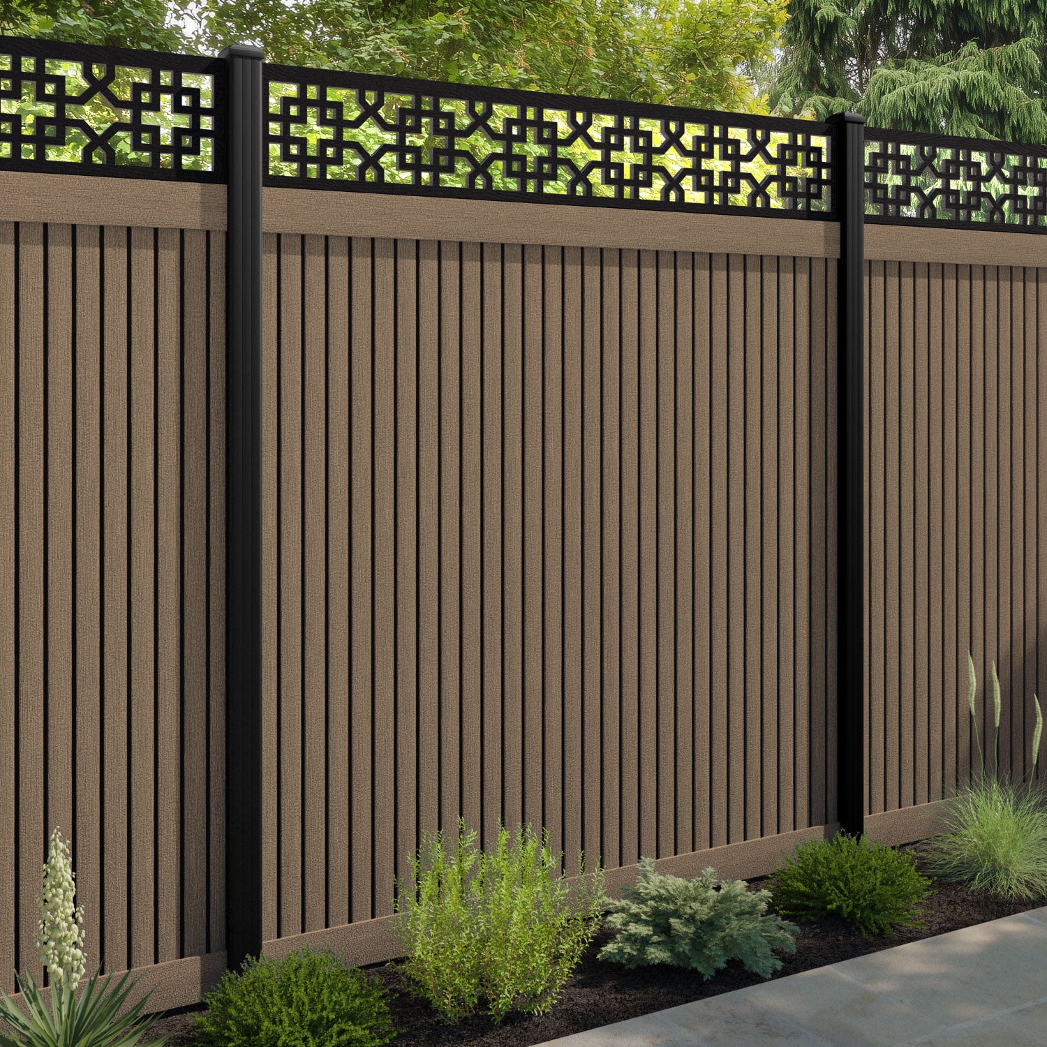 Virtis Zaria Fence Panel - Teak - with our aluminium posts