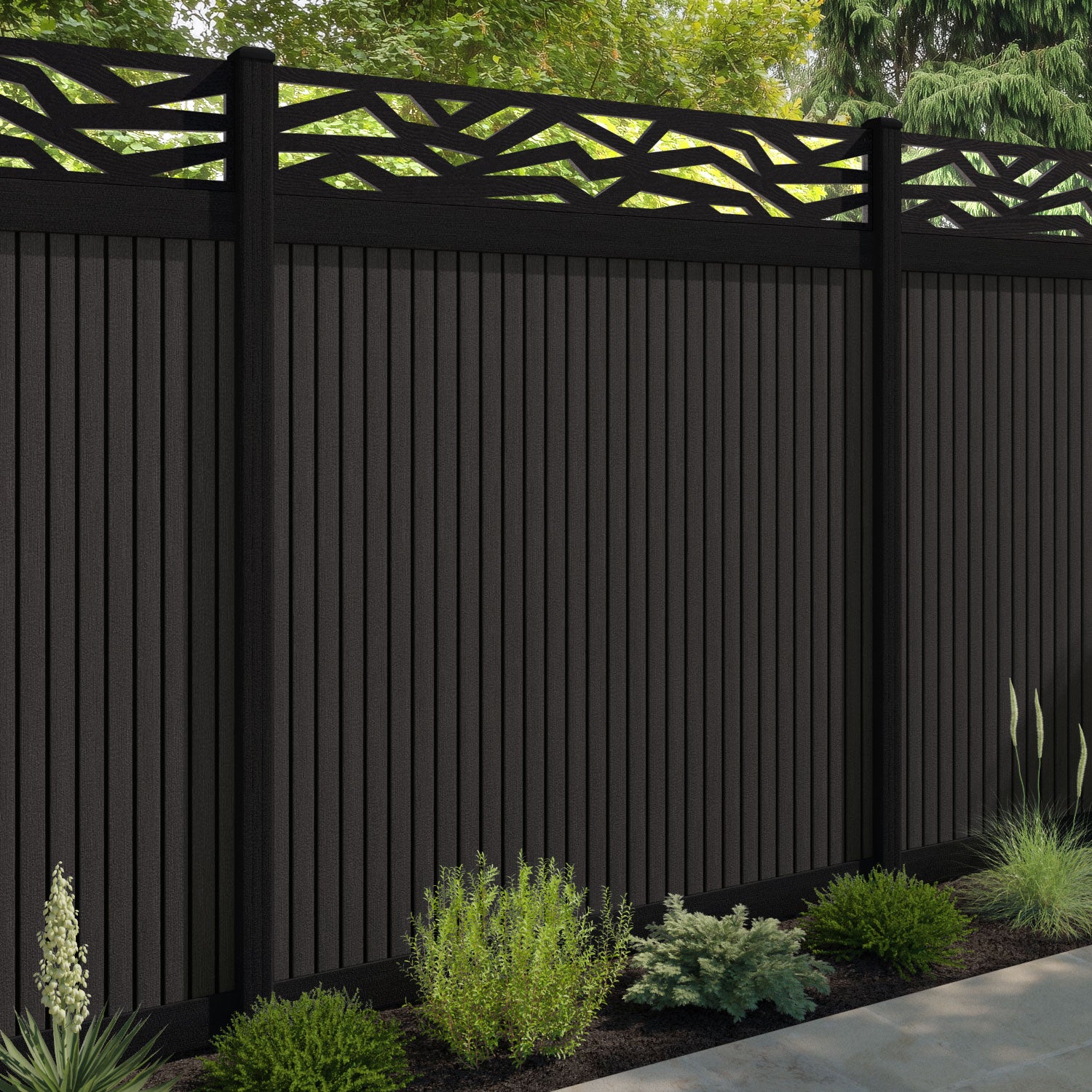 Virtis Zenith Fence Panel - Dark Oak - with our aluminium posts