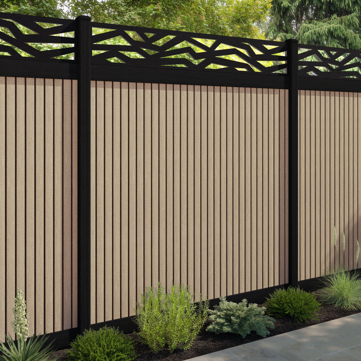 Virtis Zenith Fence Panel - Light Oak - with our aluminium posts