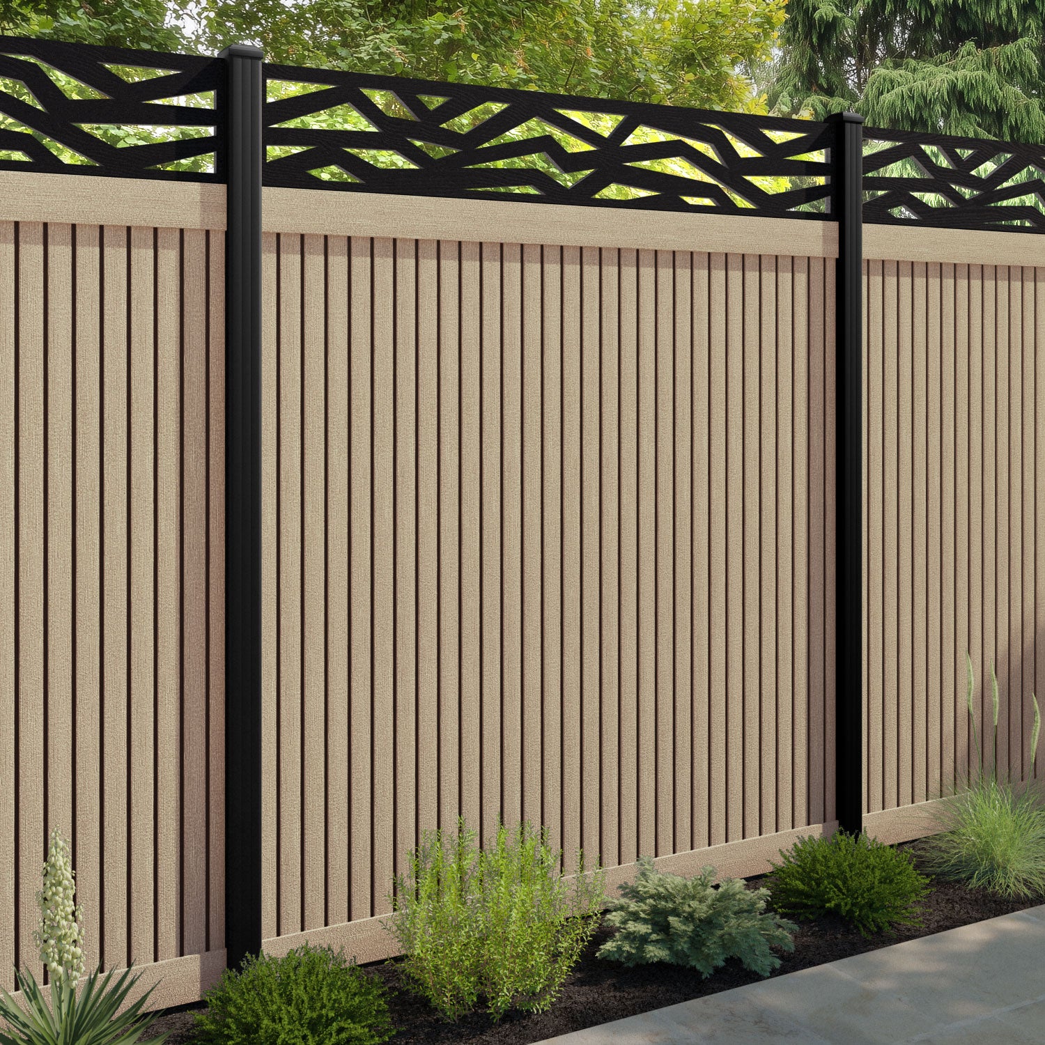 Virtis Zenith Fence Panel - Light Oak - with our aluminium posts
