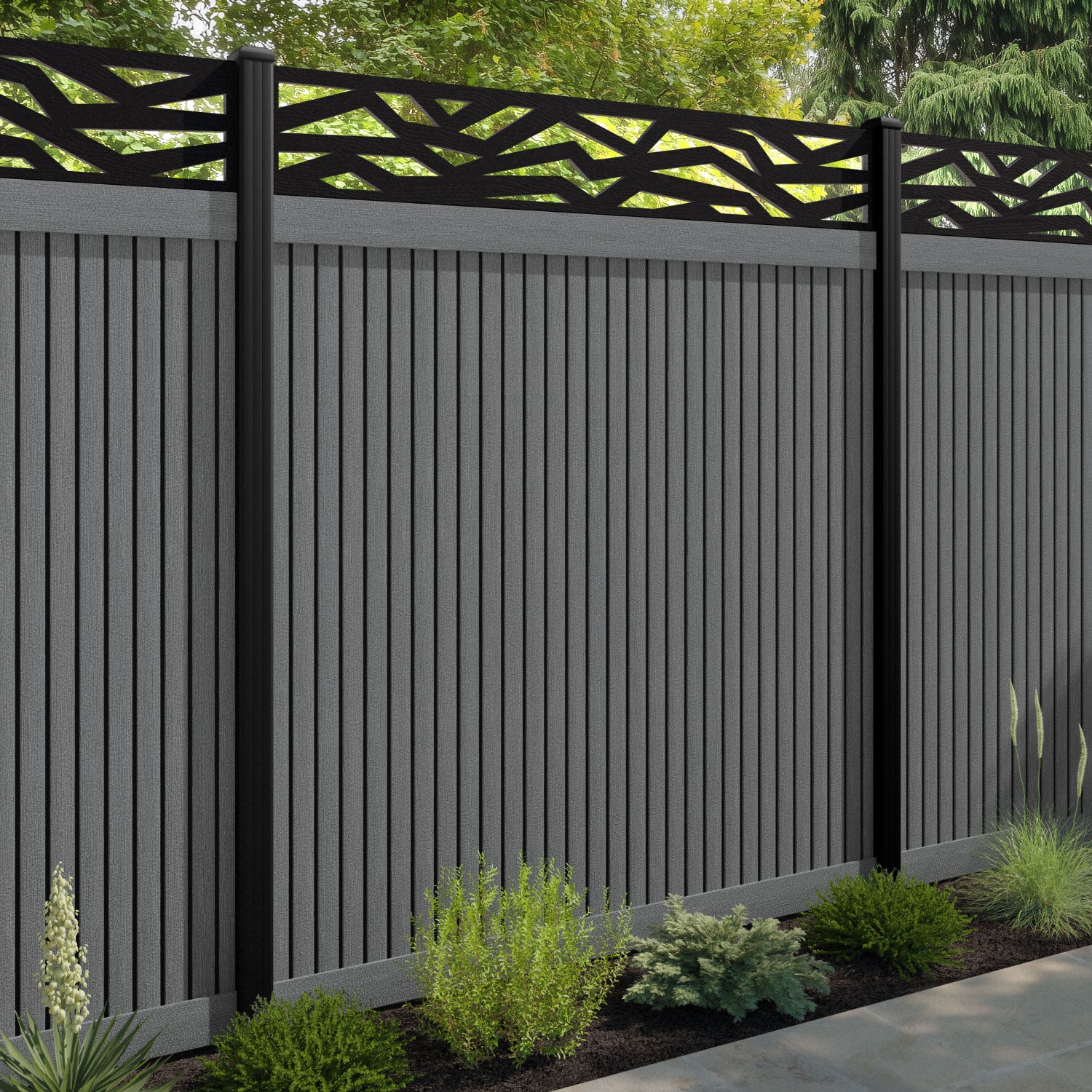 Virtis Zenith Fence Panel - Mid Grey - with our aluminium posts
