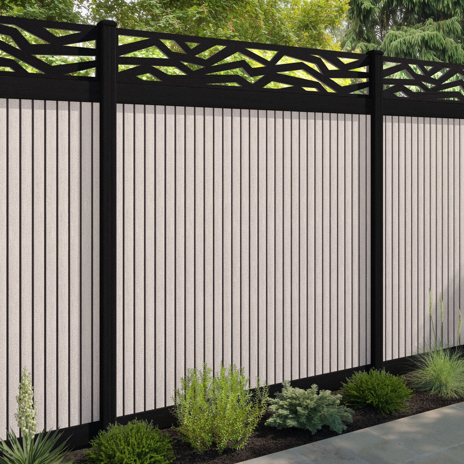 Virtis Zenith Fence Panel - Mid Stone - with our aluminium posts